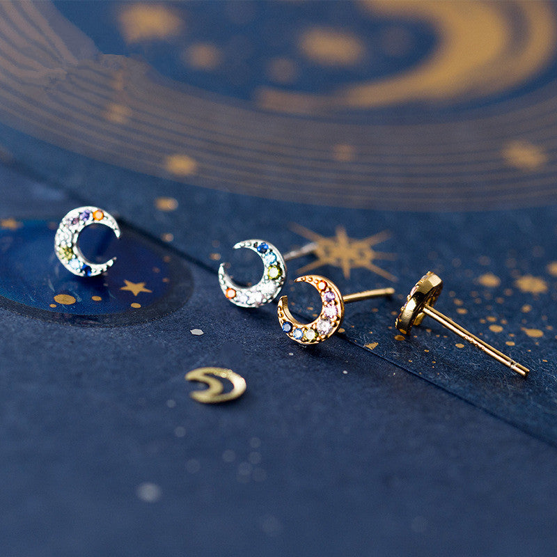 Multicolored Zircon Moon Stud Earrings