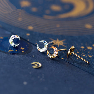 Multicolored Zircon Moon Stud Earrings