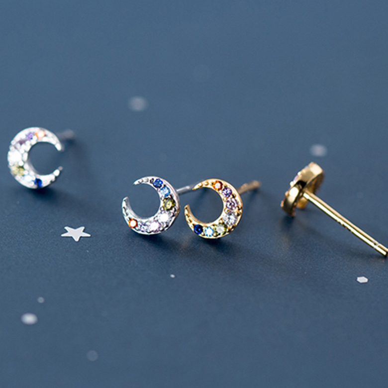 Multicolored Zircon Moon Stud Earrings