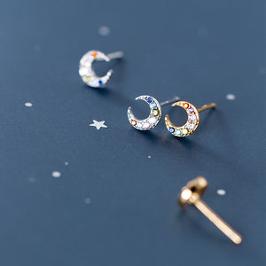 Multicolored Zircon Moon Stud Earrings