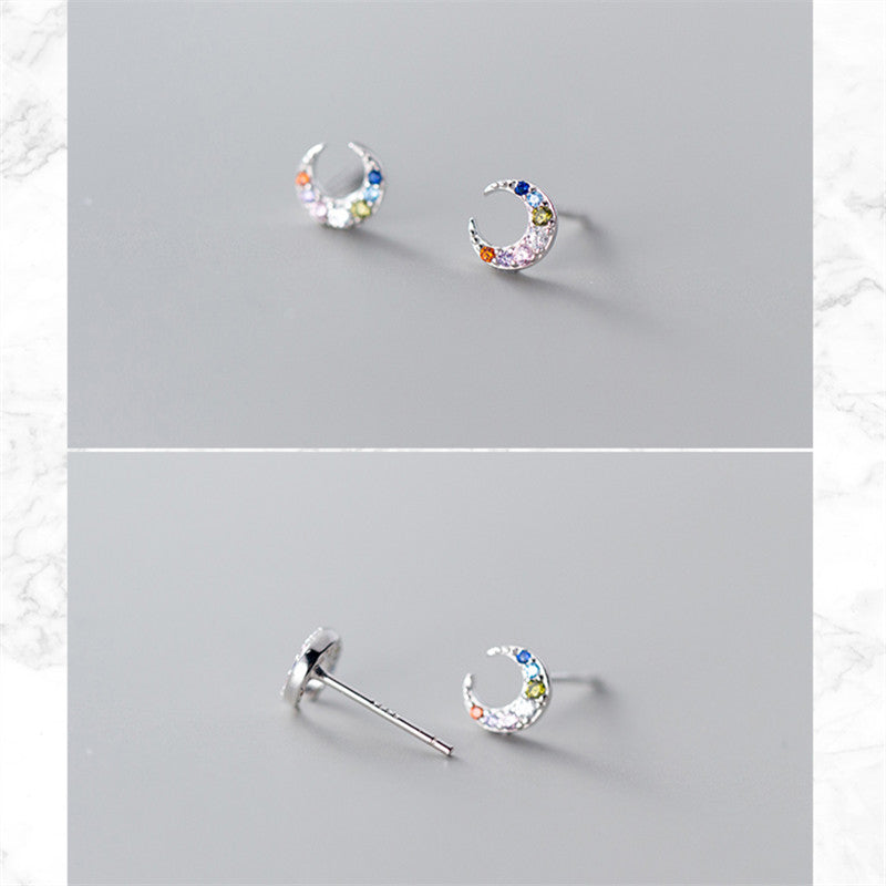 Multicolored Zircon Moon Stud Earrings