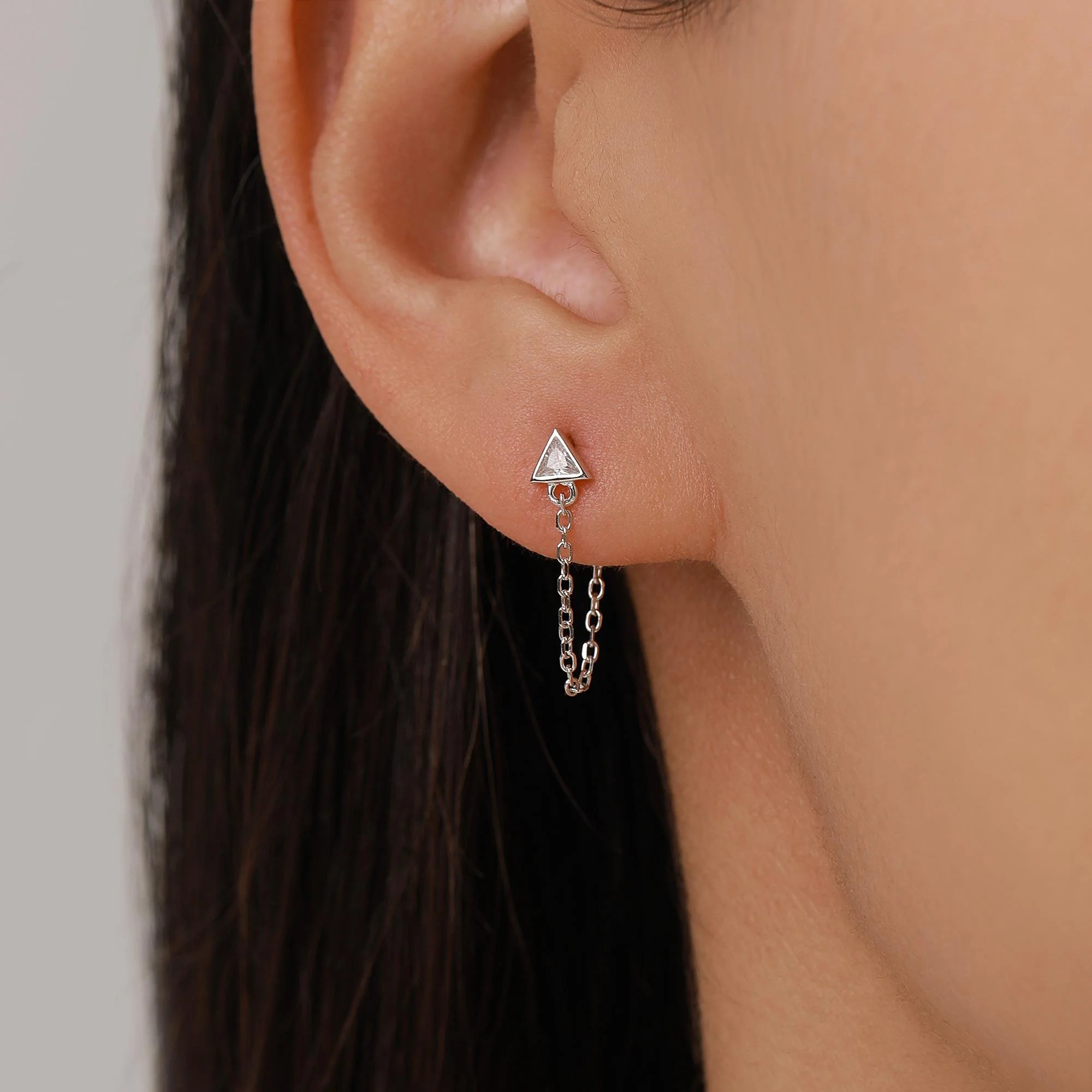 Tiny Triangle CZ Chain Earrings in Sterling Silver, Triangle CZ Ear Jacket