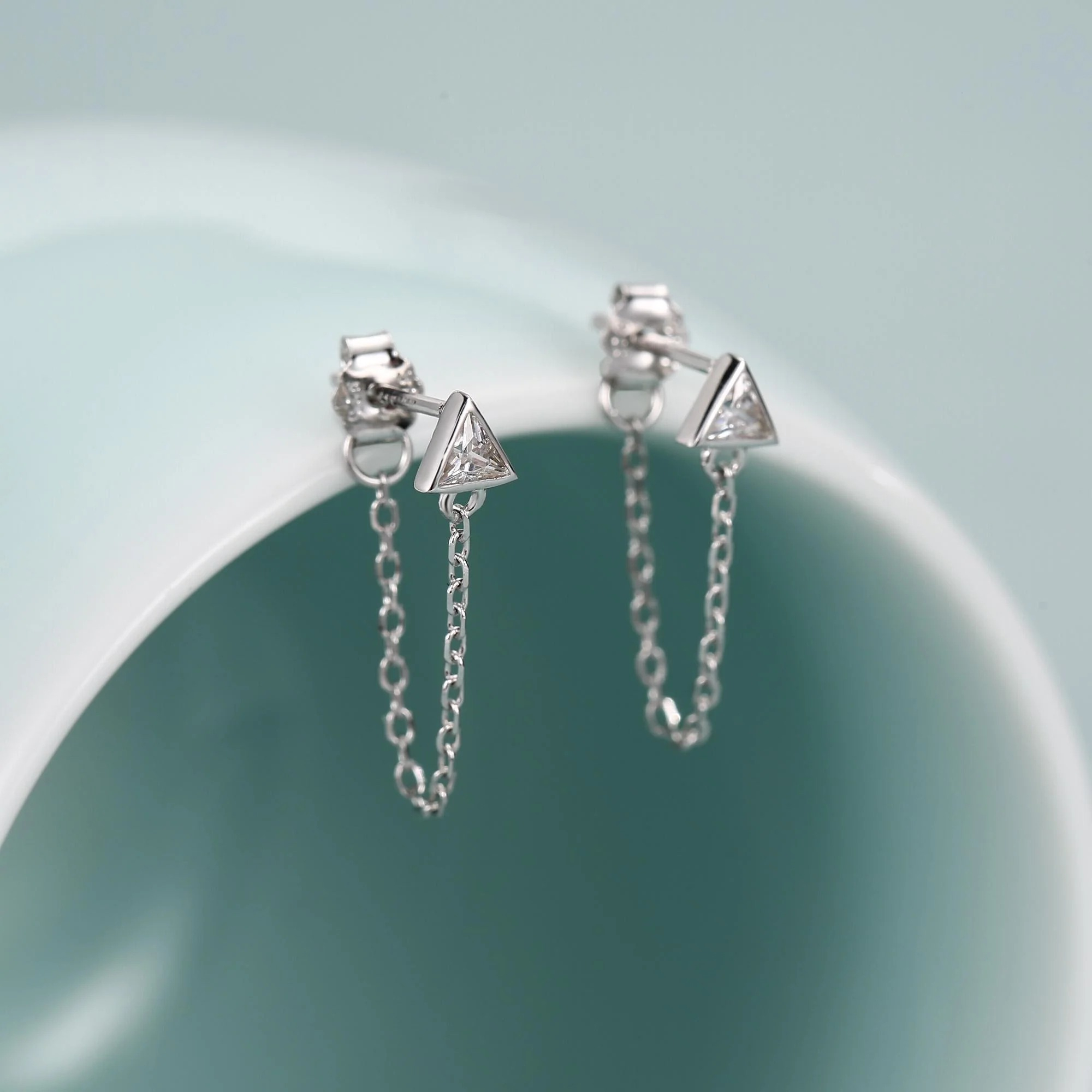 Vue alternative de Tiny Triangle CZ Chain Earrings in Sterling Silver, Triangle CZ Ear Jacket