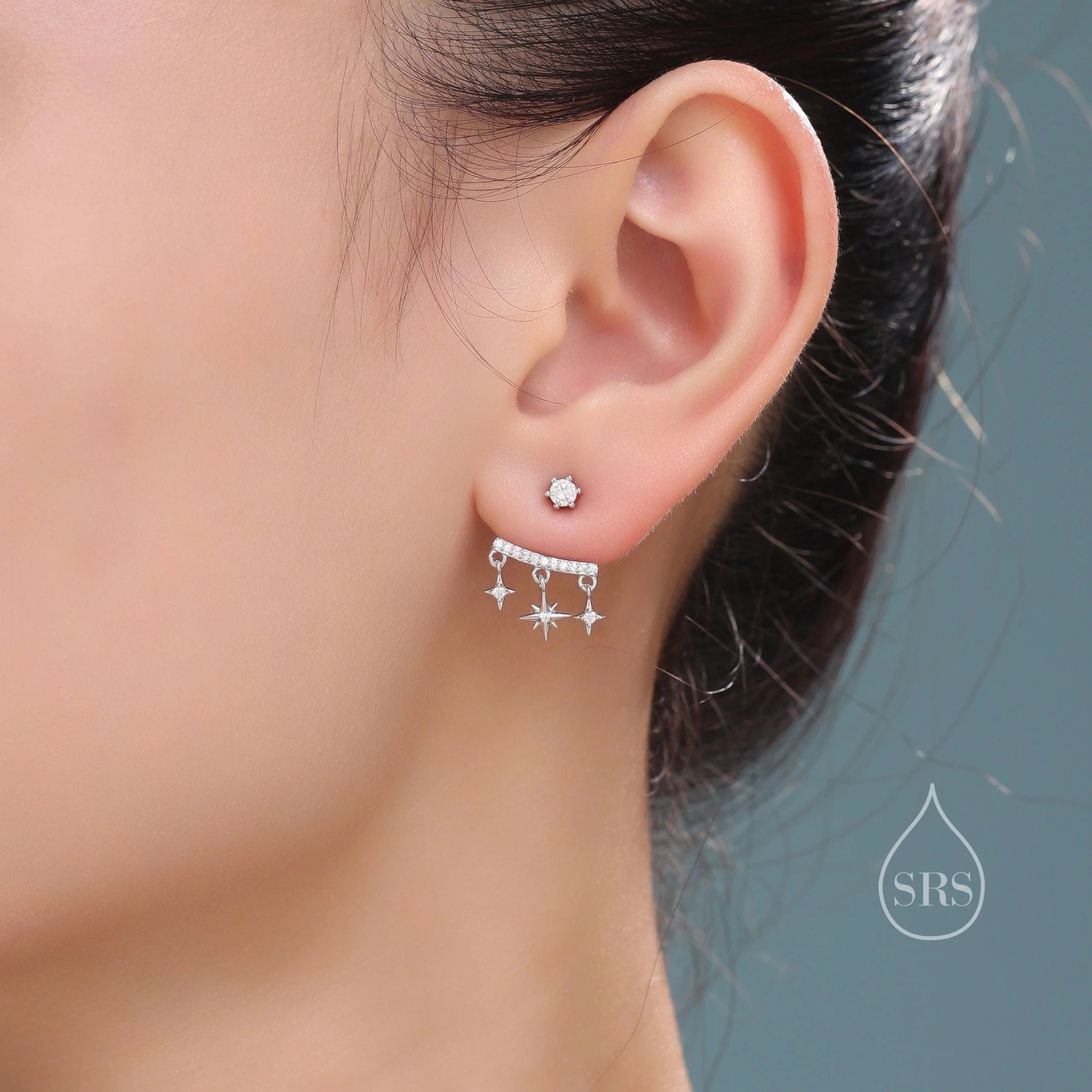 Dangling Starburst Star Ear Jacket in Sterling Silver