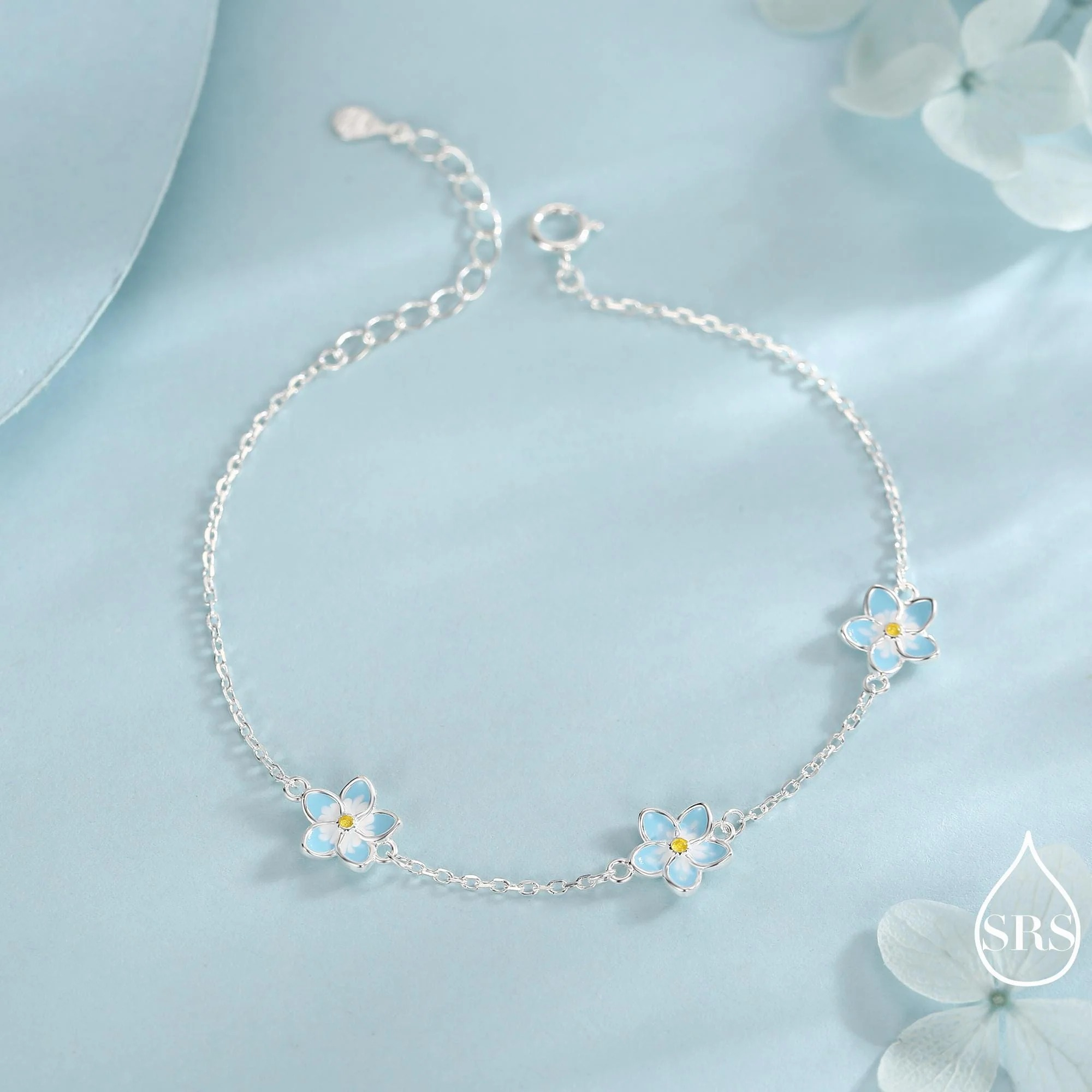 Enamel Forget Me Not Flower Trio Charm Bracelet