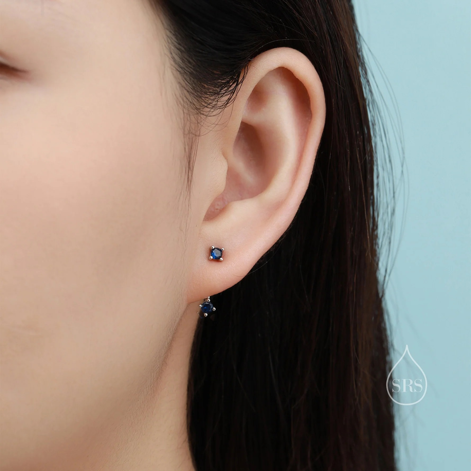 Double Sapphire Blue CZ Ear Jacket in Sterling Silver, Silver or Gold