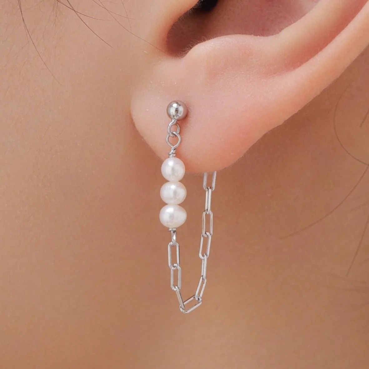 Sterling Silver Genuine Irregular Shape Pearl and Chain Earrings