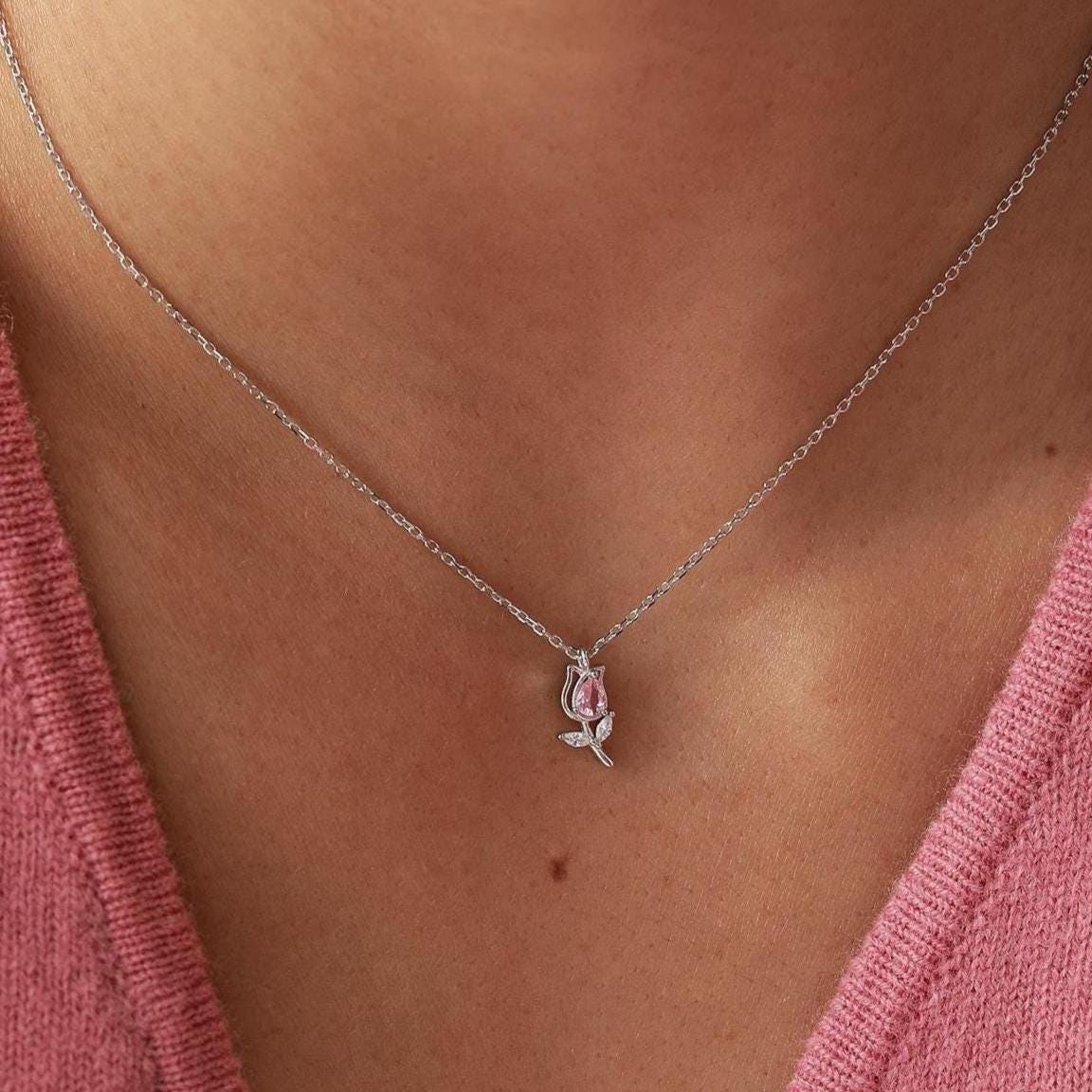CZ Tulip Flower Pendant Necklace - Image 3