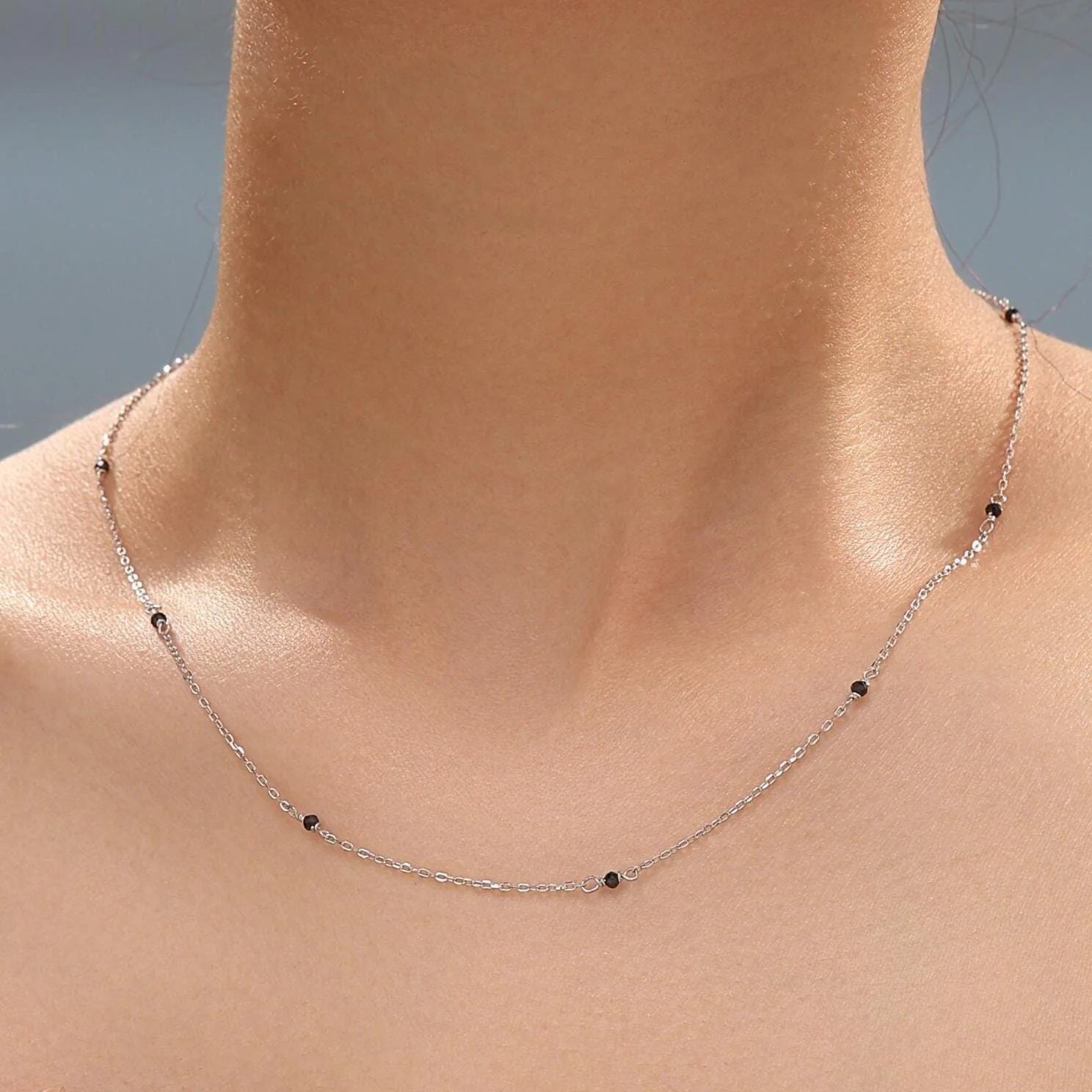 2mm Black Spinel Beaded Satellite Chain Necklace