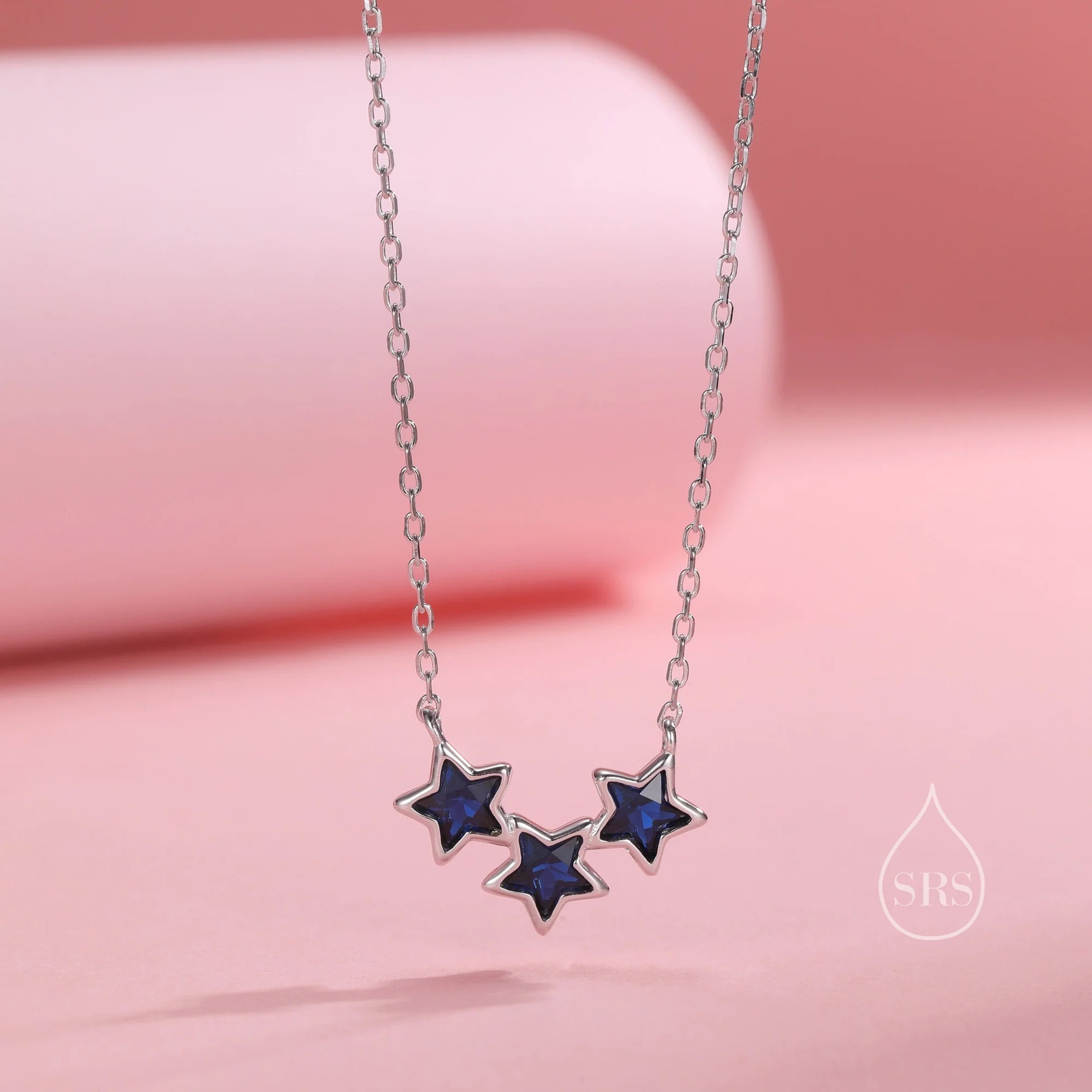 Sapphire Blue CZ Triple Star Charm Necklace