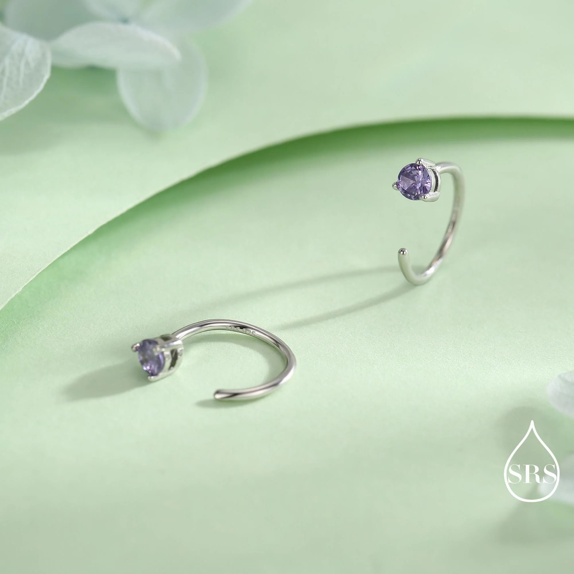 Vue alternative de Lilac Amethyst Purple Crystal Huggie Hoop Threader Earrings in Sterling Silver