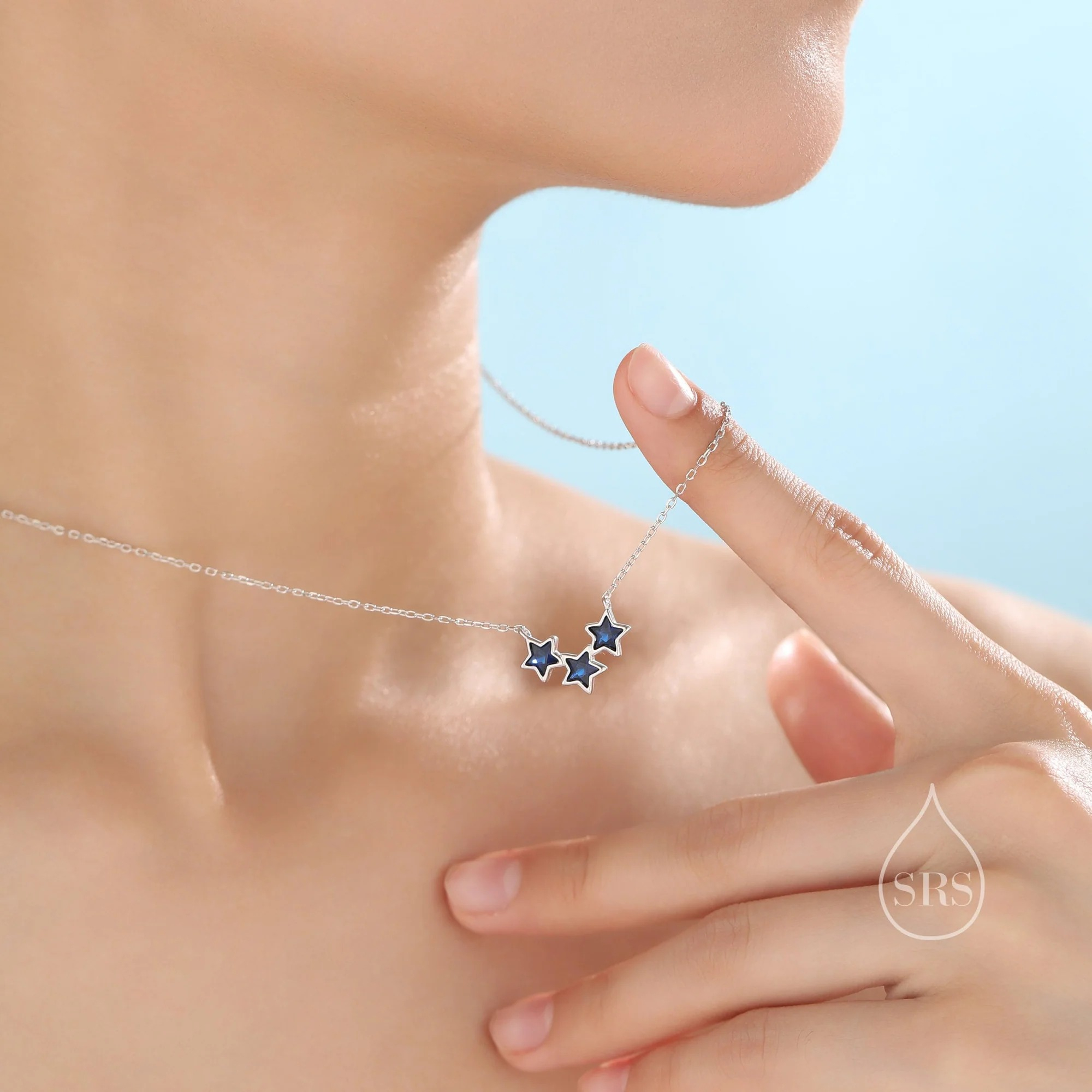 Sapphire Blue CZ Triple Star Charm Necklace - Image 3