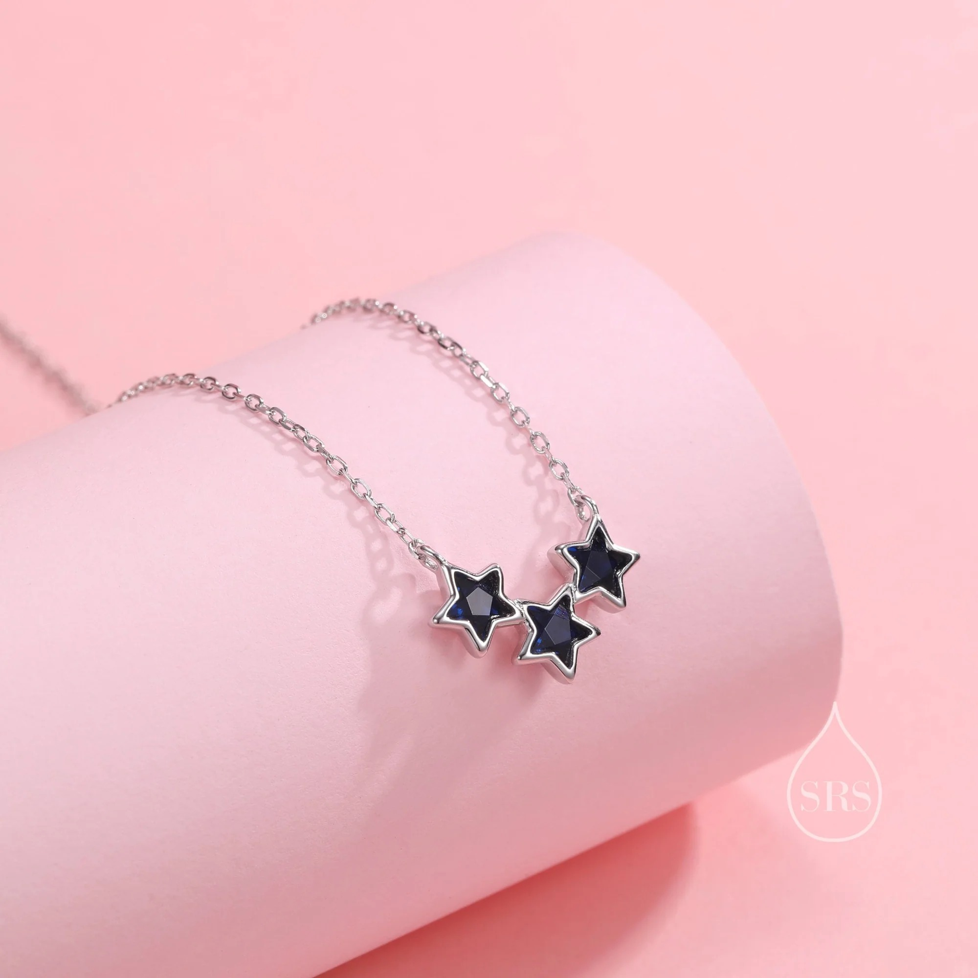 Sapphire Blue CZ Triple Star Charm Necklace - Image 4
