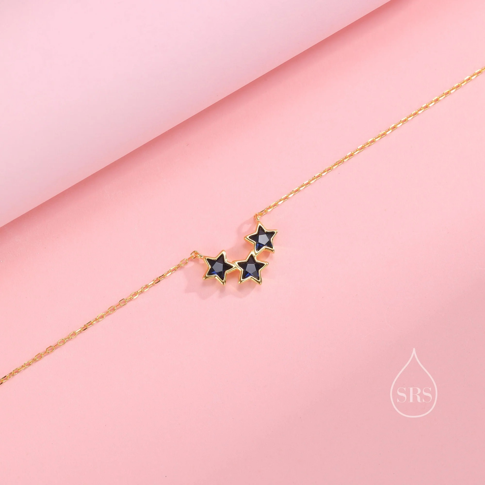 Sapphire Blue CZ Triple Star Charm Necklace - Image 5