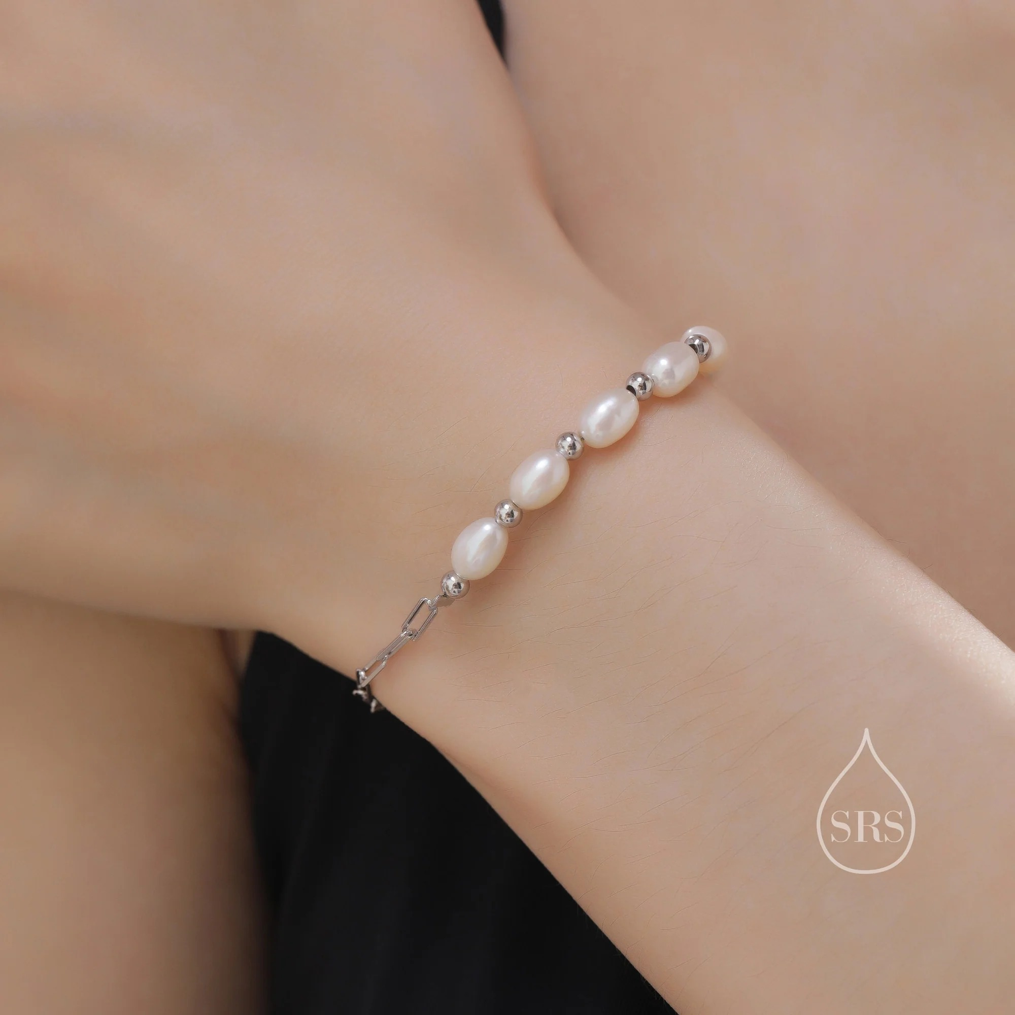 Asymmetrical Paperclip Chain and Pearl Bracelet
