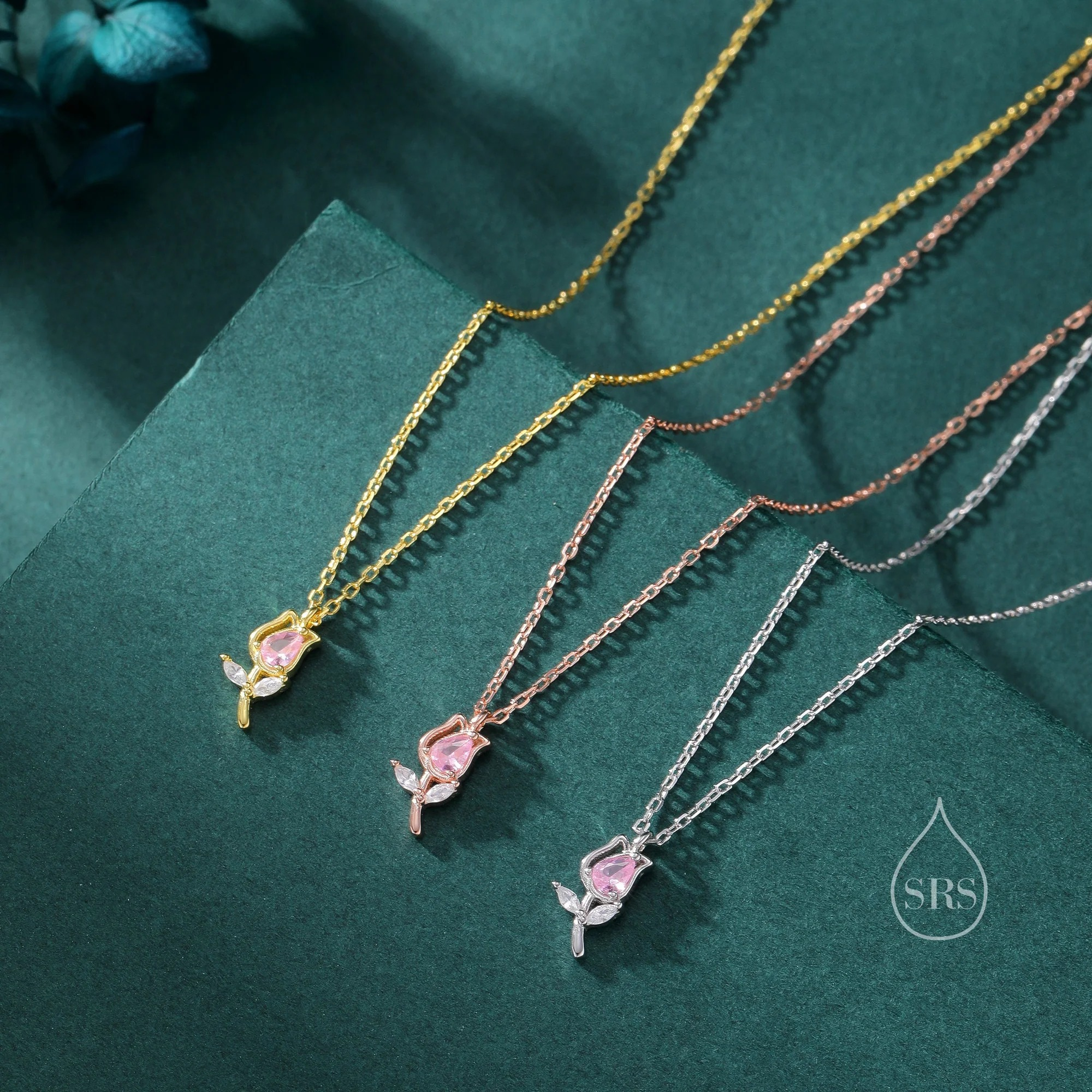 CZ Tulip Flower Pendant Necklace - Image 7