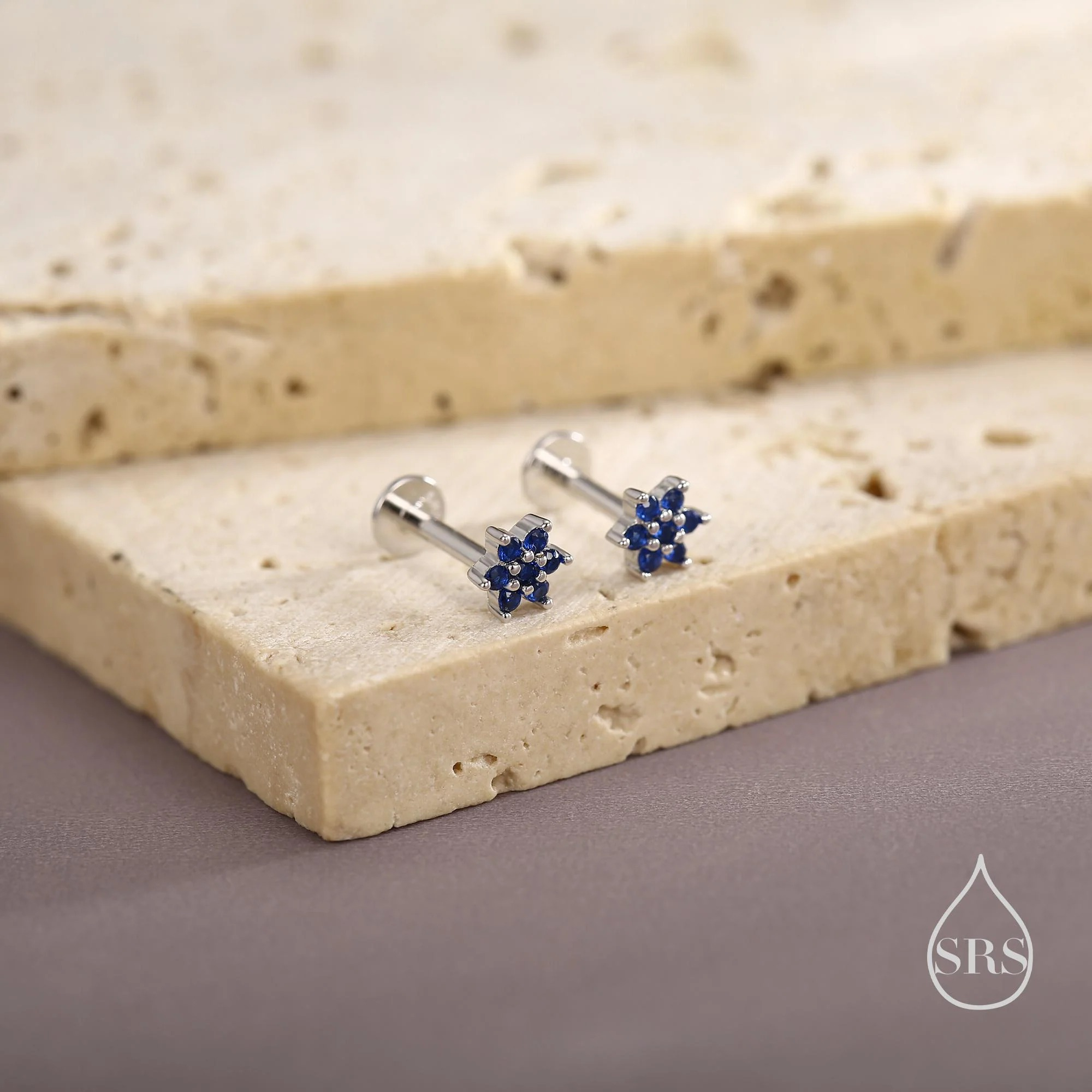 Sapphire Blue CZ Flower Flat Back Stud Earrings - Image 2