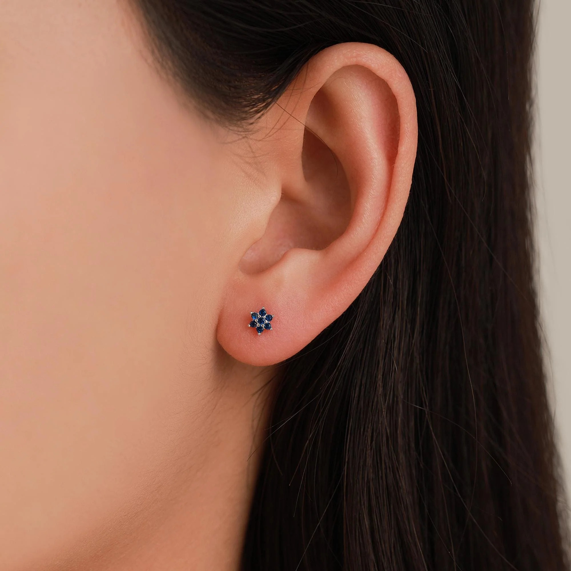 Sapphire Blue CZ Flower Flat Back Stud Earrings