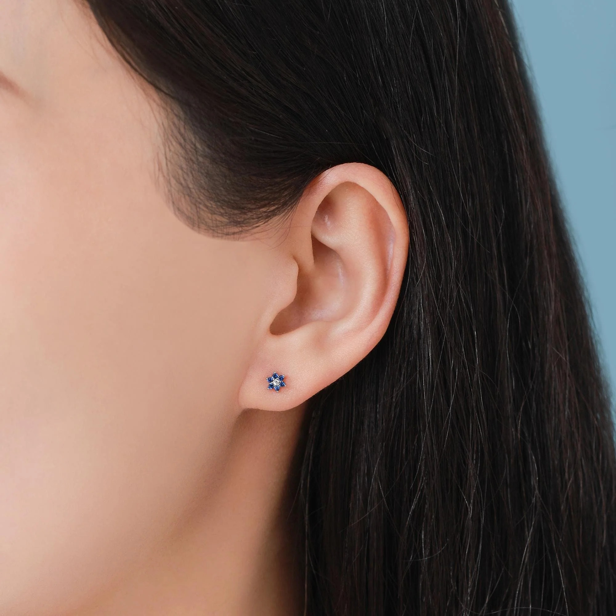Sapphire Blue CZ Flower 16G Flat Back Stud Earrings