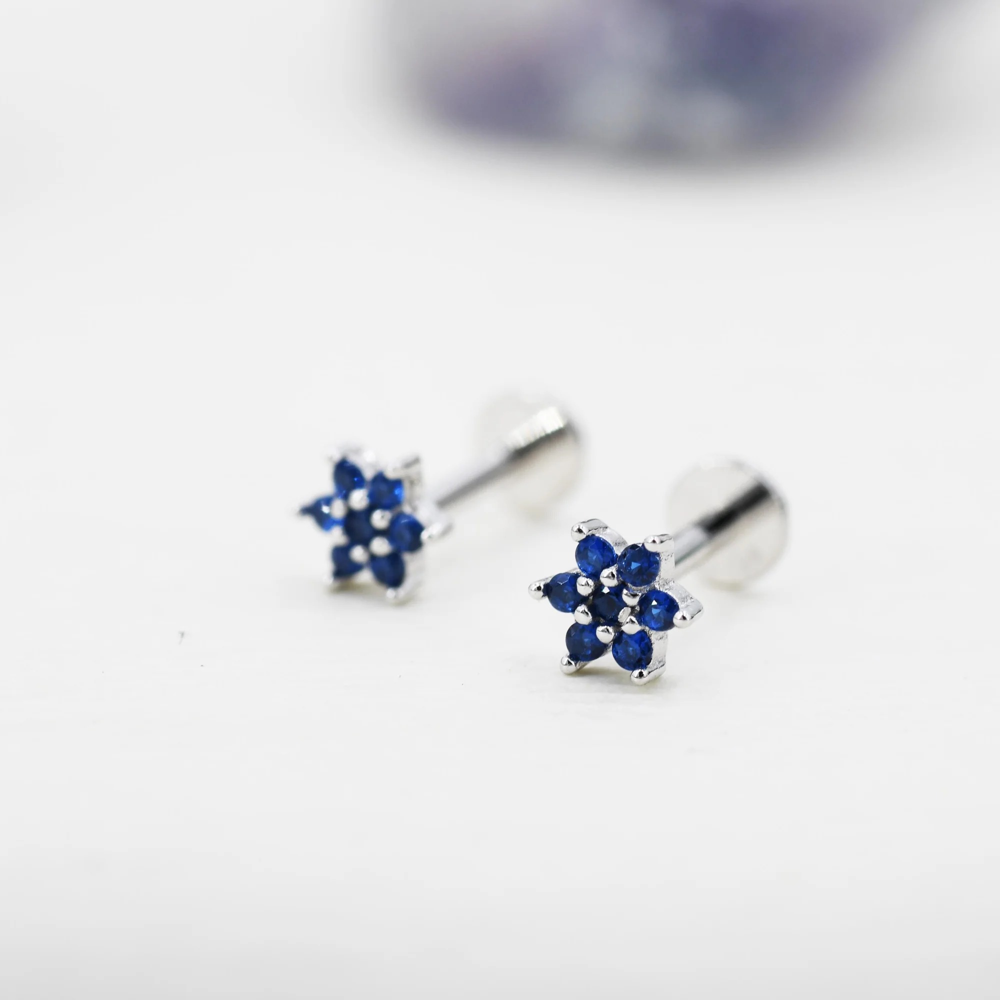 Sapphire Blue CZ Flower Flat Back Stud Earrings - Image 3
