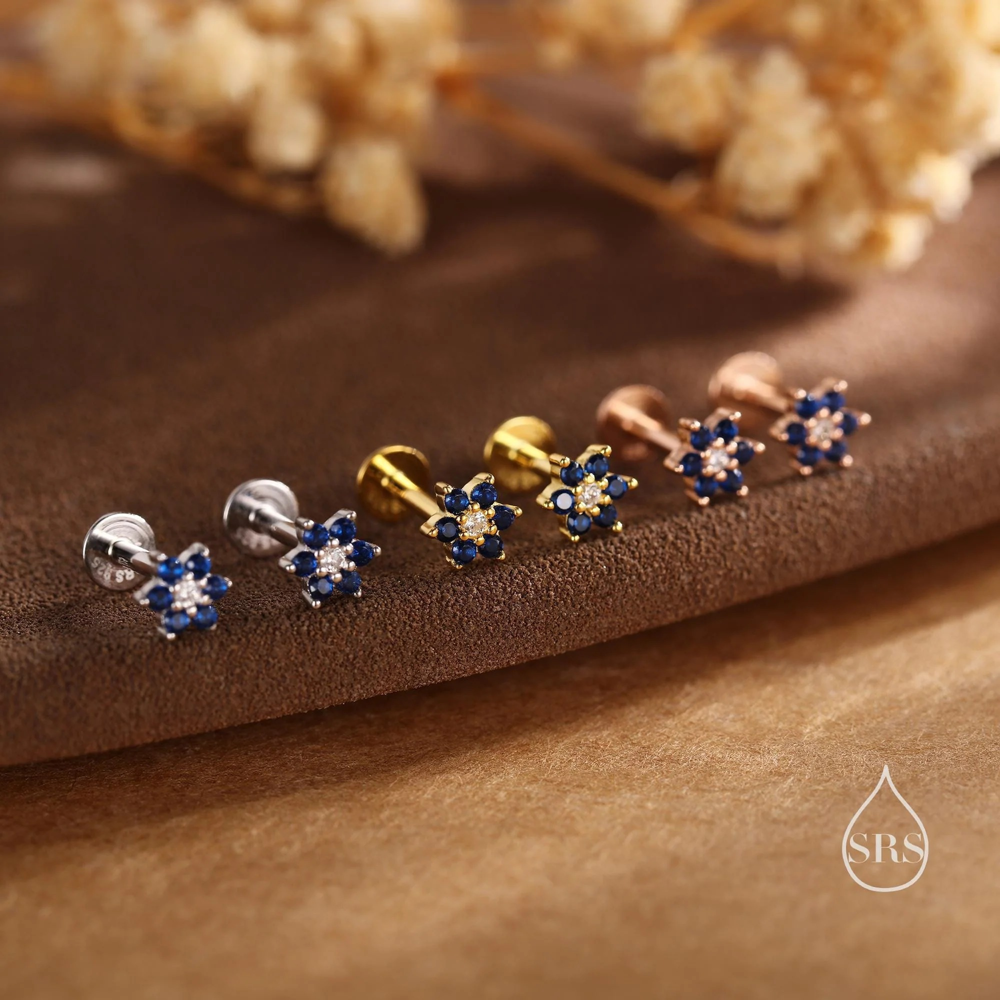 Sapphire Blue CZ Flower 16G Flat Back Stud Earrings - Image 3