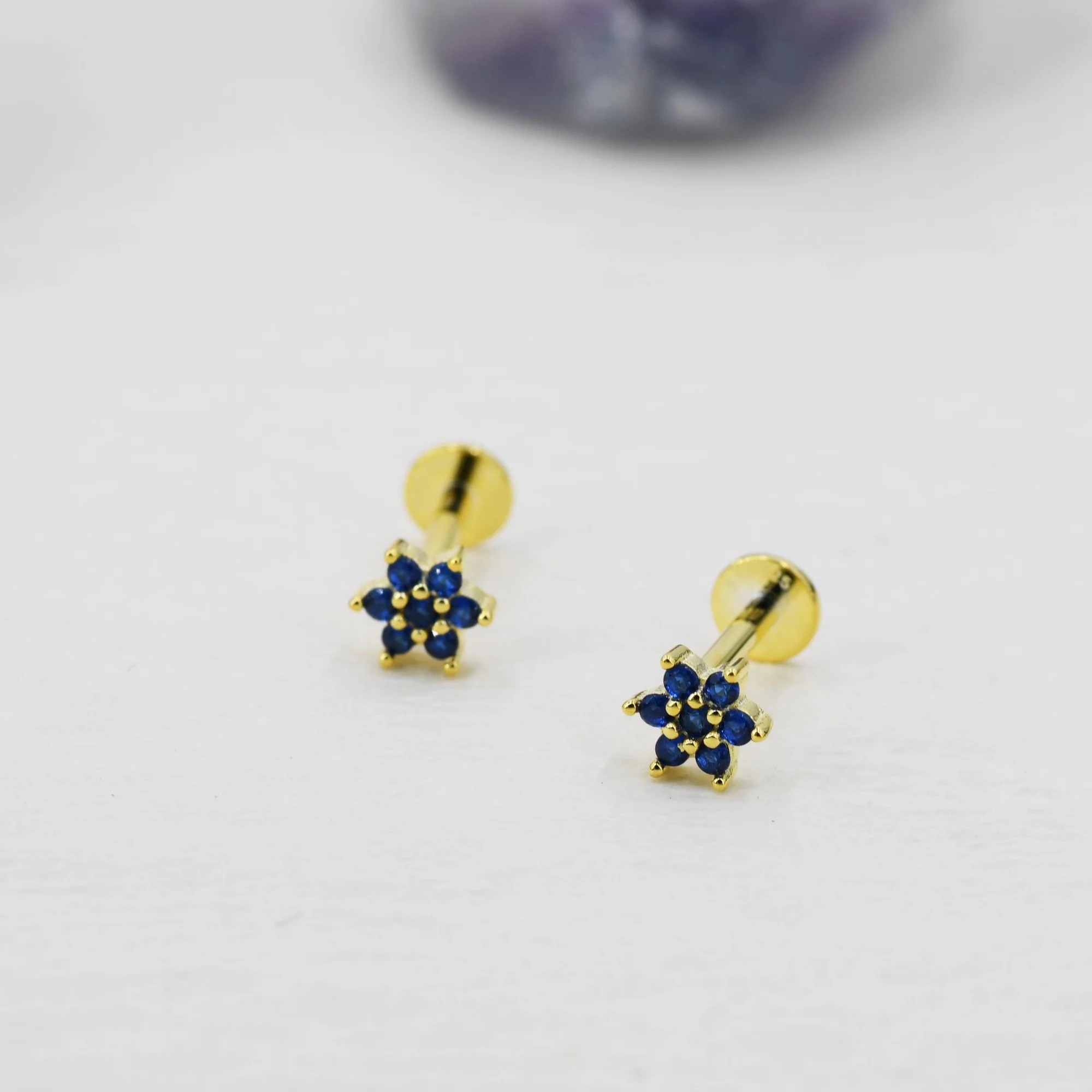 Sapphire Blue CZ Flower Flat Back Stud Earrings - Image 4