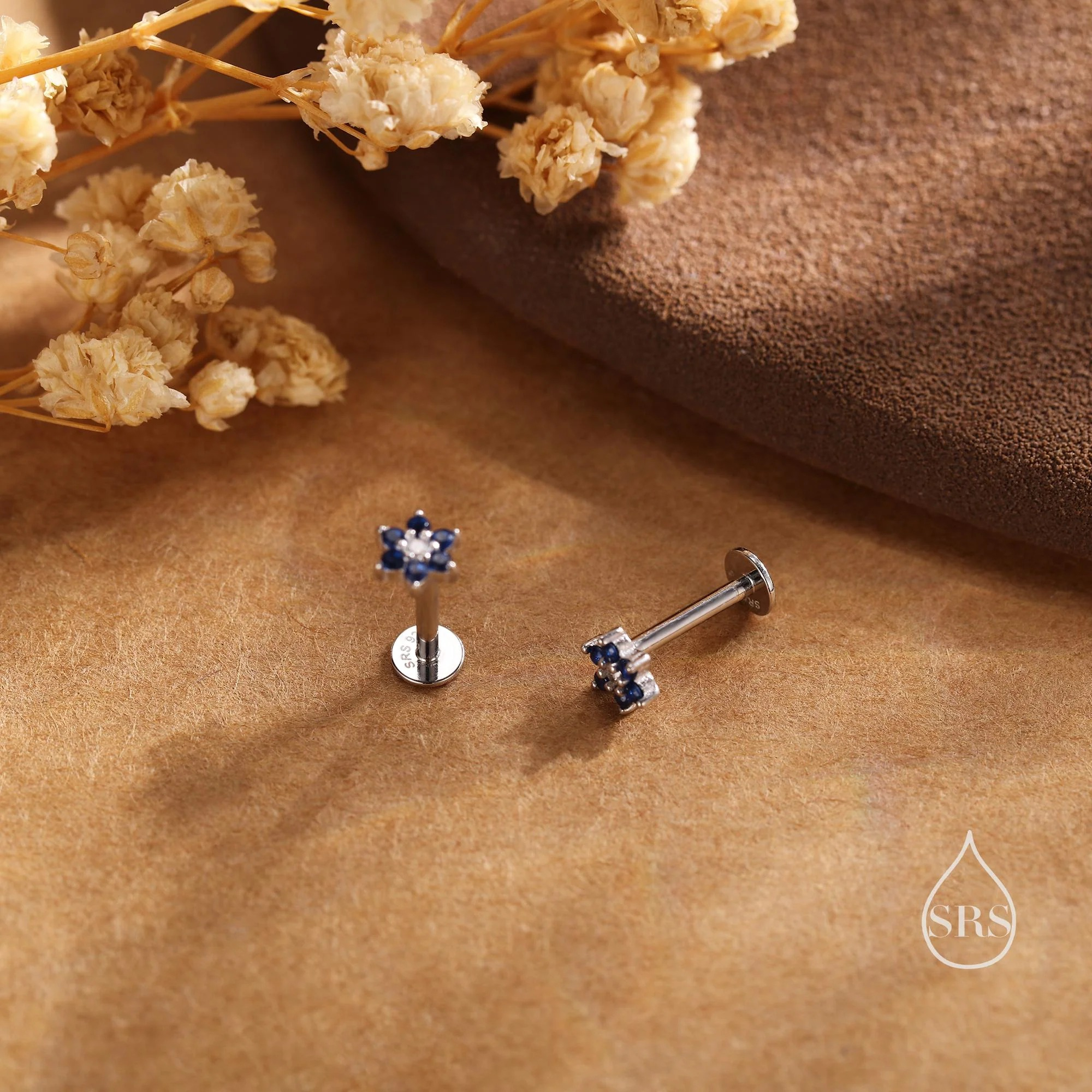 Sapphire Blue CZ Flower 16G Flat Back Stud Earrings - Image 4