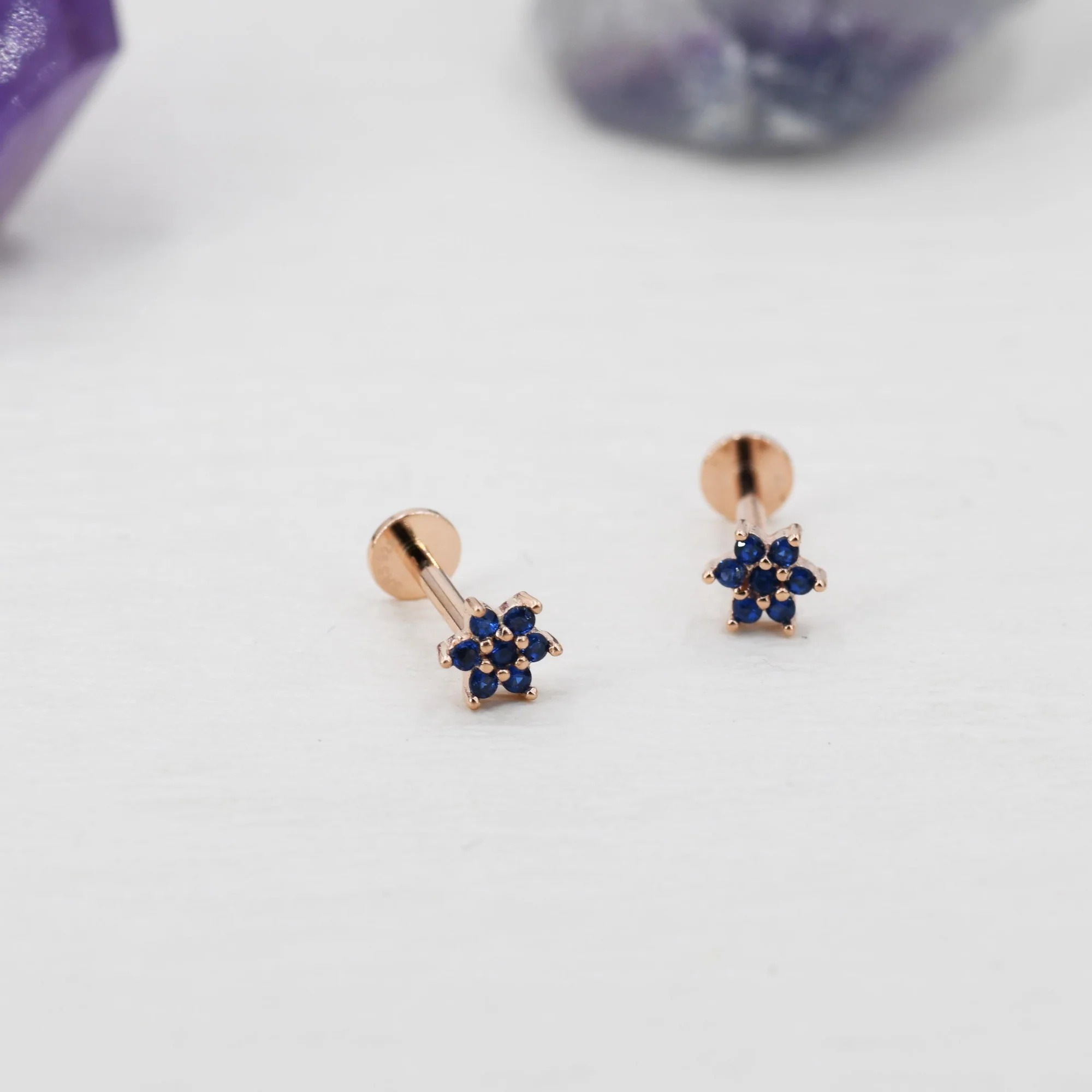 Sapphire Blue CZ Flower Flat Back Stud Earrings - Image 5