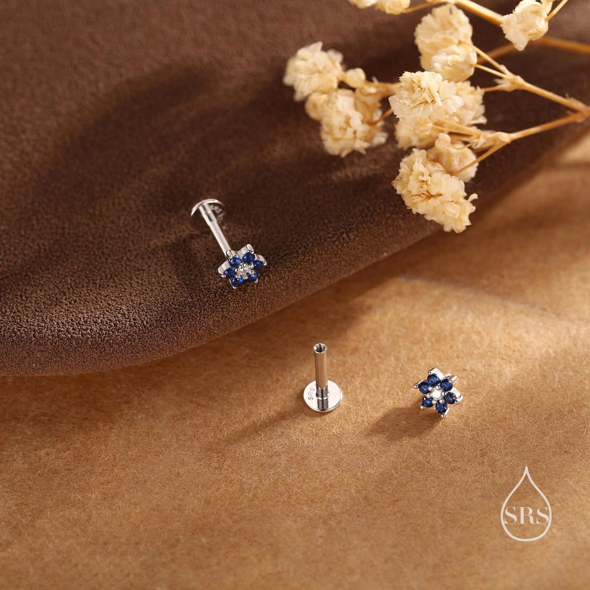 Sapphire Blue CZ Flower 16G Flat Back Stud Earrings - Image 5