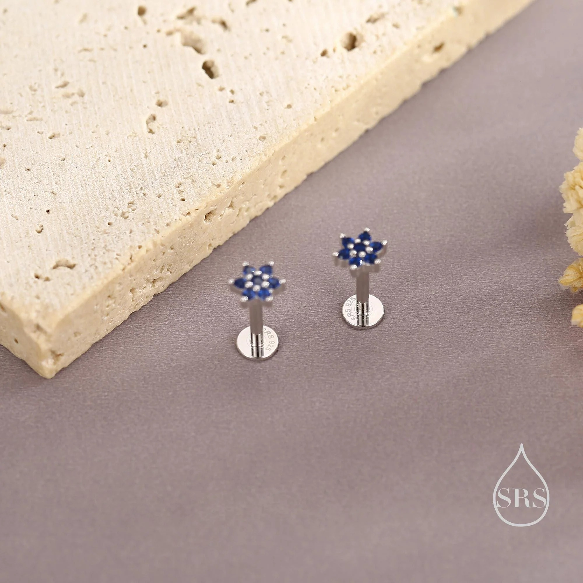 Sapphire Blue CZ Flower Flat Back Stud Earrings - Image 7