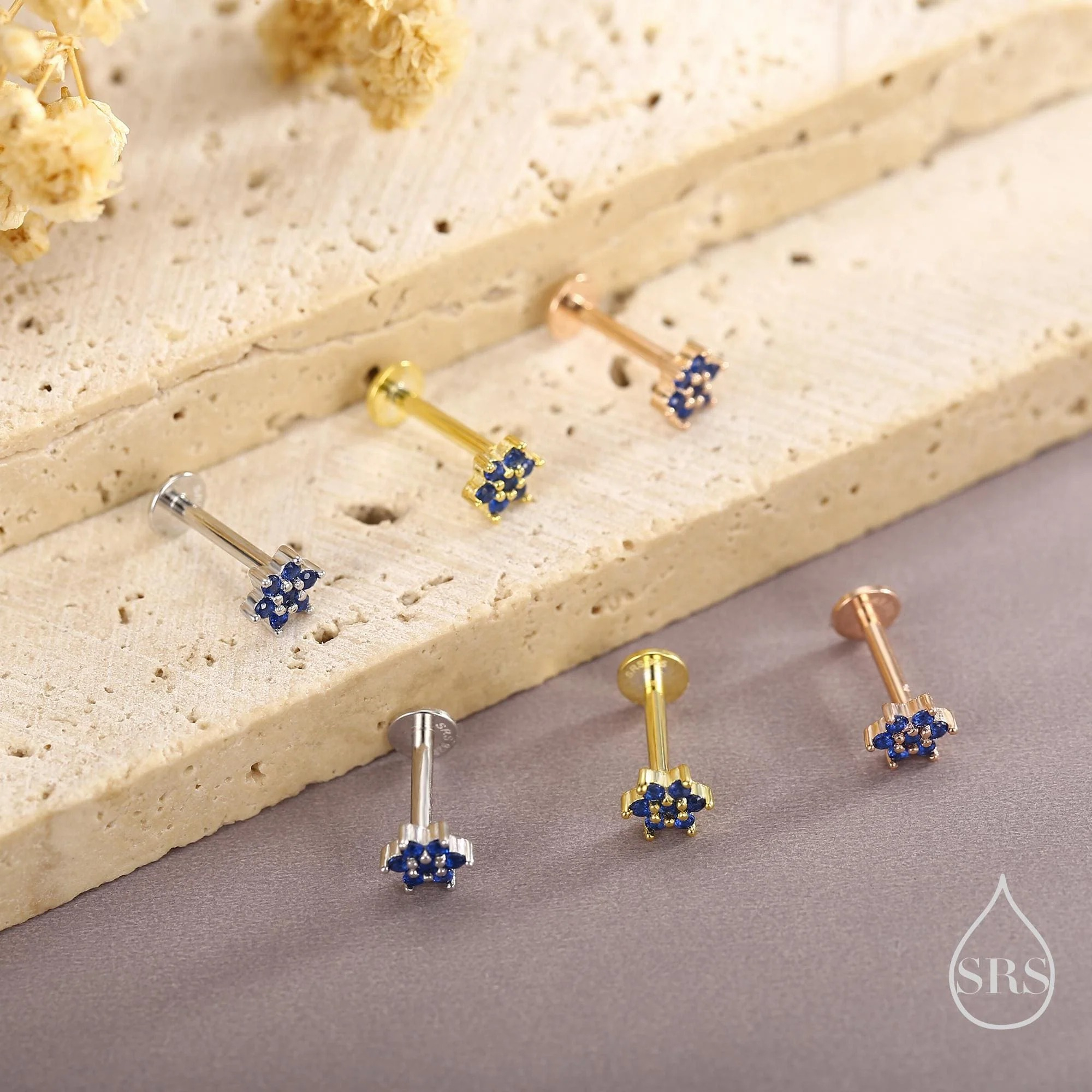 Sapphire Blue CZ Flower Flat Back Stud Earrings - Image 6