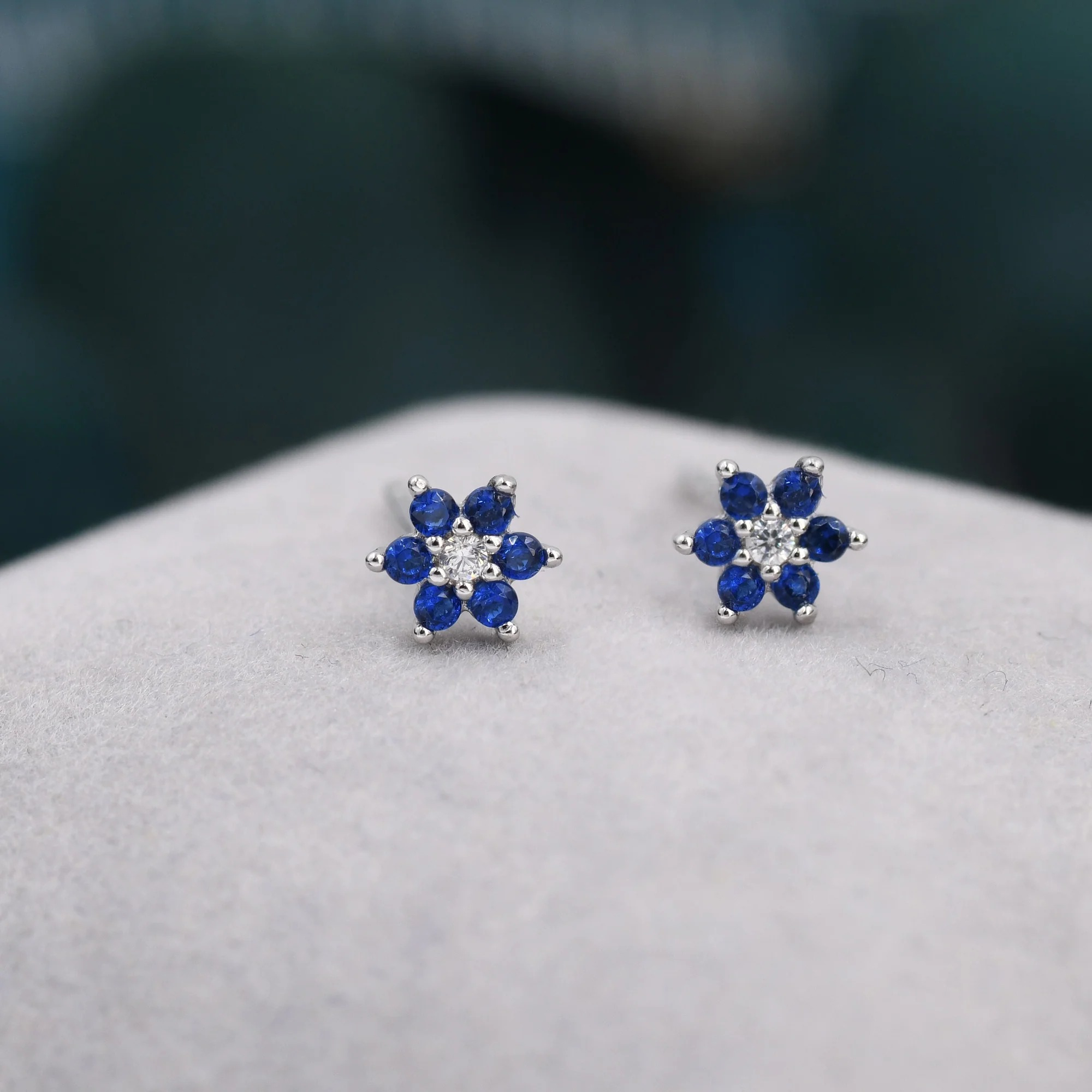 Sapphire Blue CZ Flower 16G Flat Back Stud Earrings - Image 6