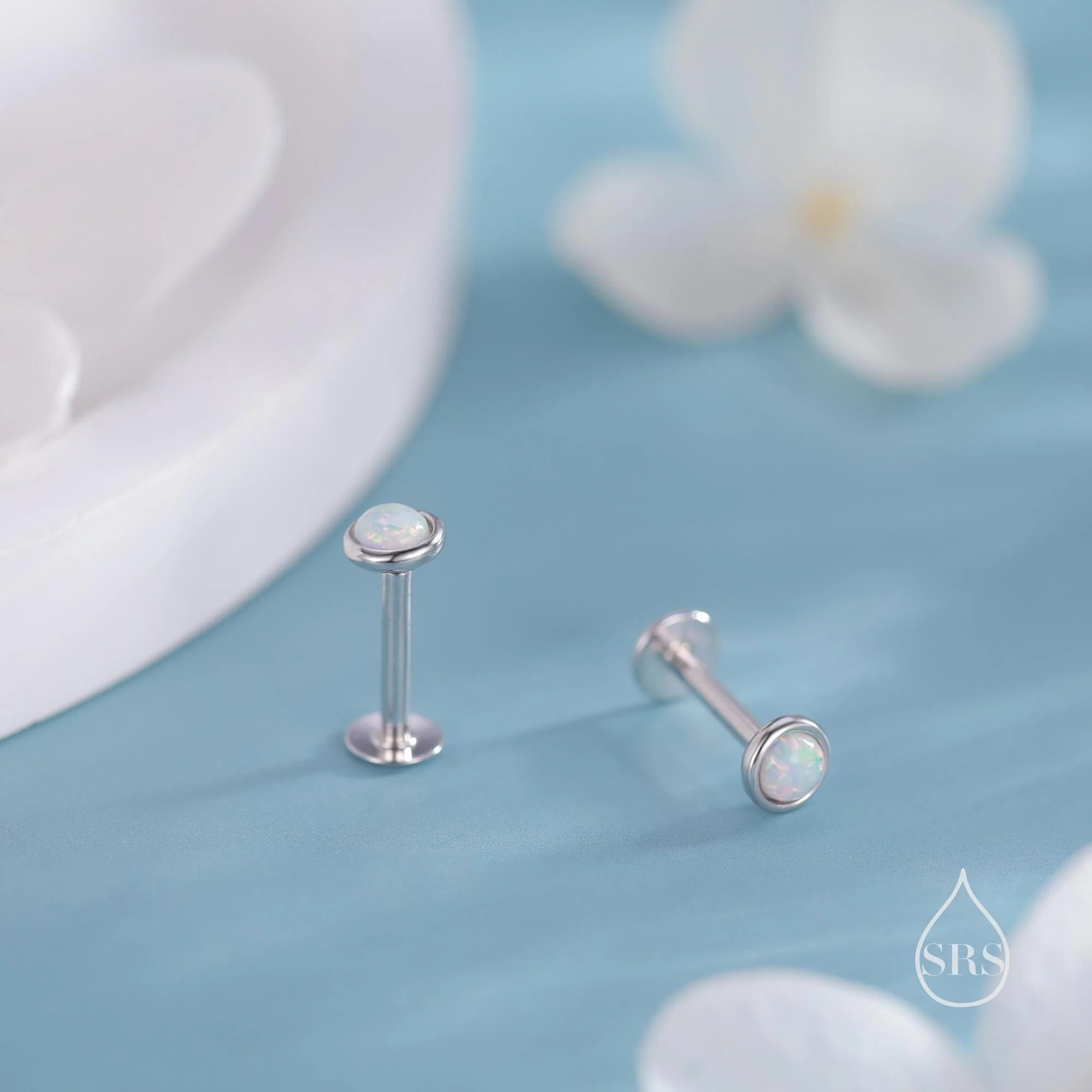 Alternative view of Tiny 3mm White Opal 16G Internally Threaded Flat Back Earrings in Sterling Silver