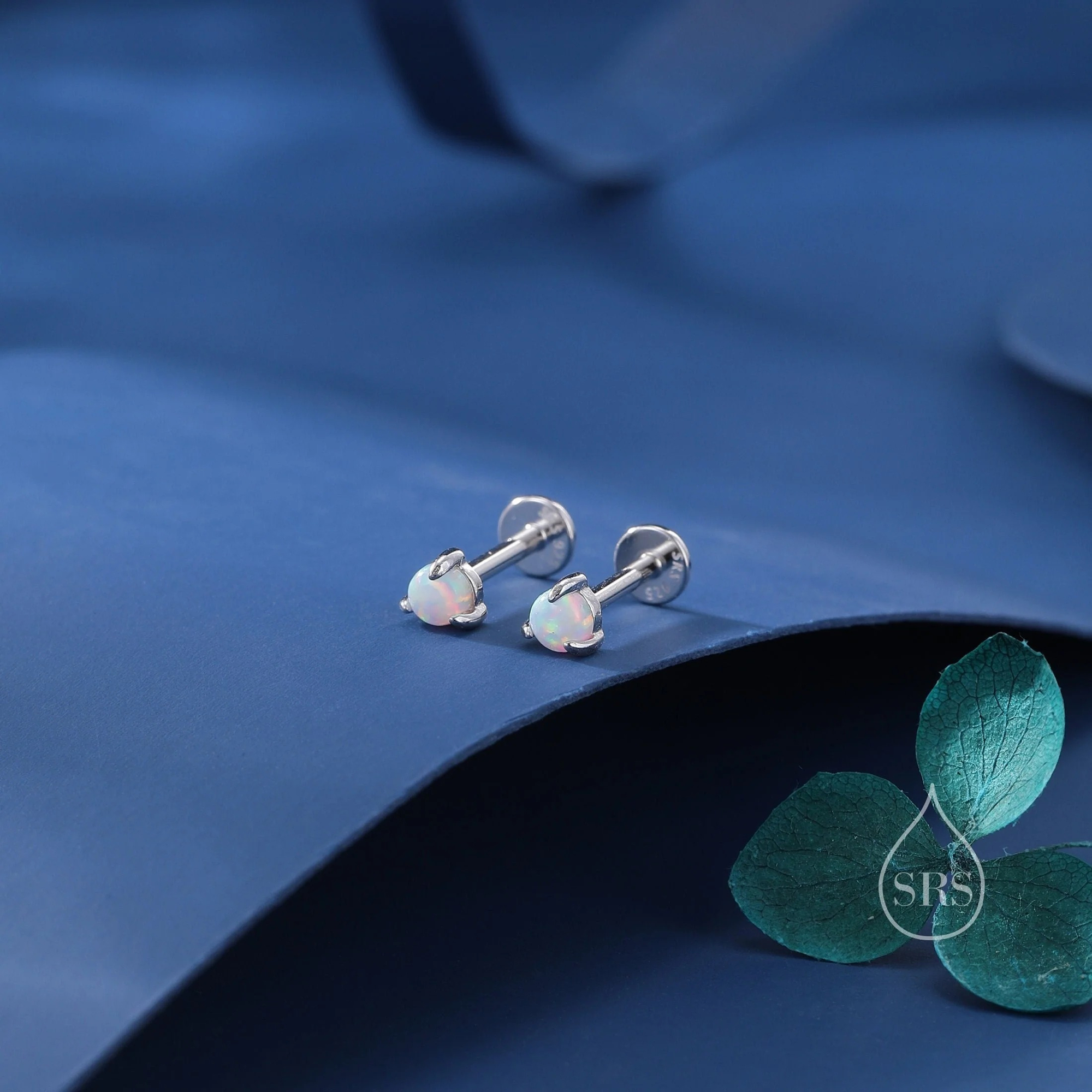 White Opal 16G Internally Threaded Flat Back Earrings in Sterling Silver - Image 2