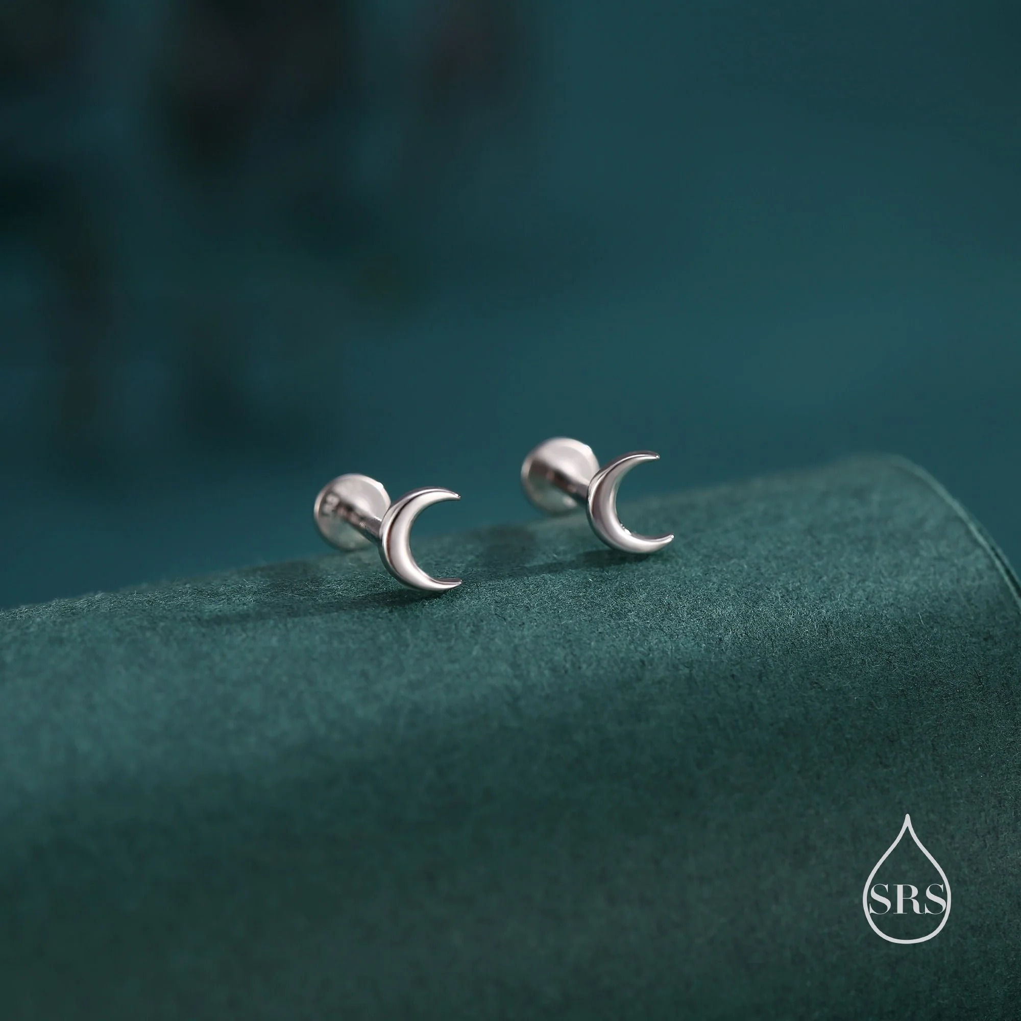Alternative view of Tiny Moon 16G Internally Threaded Flat Back Earrings in Sterling Silver