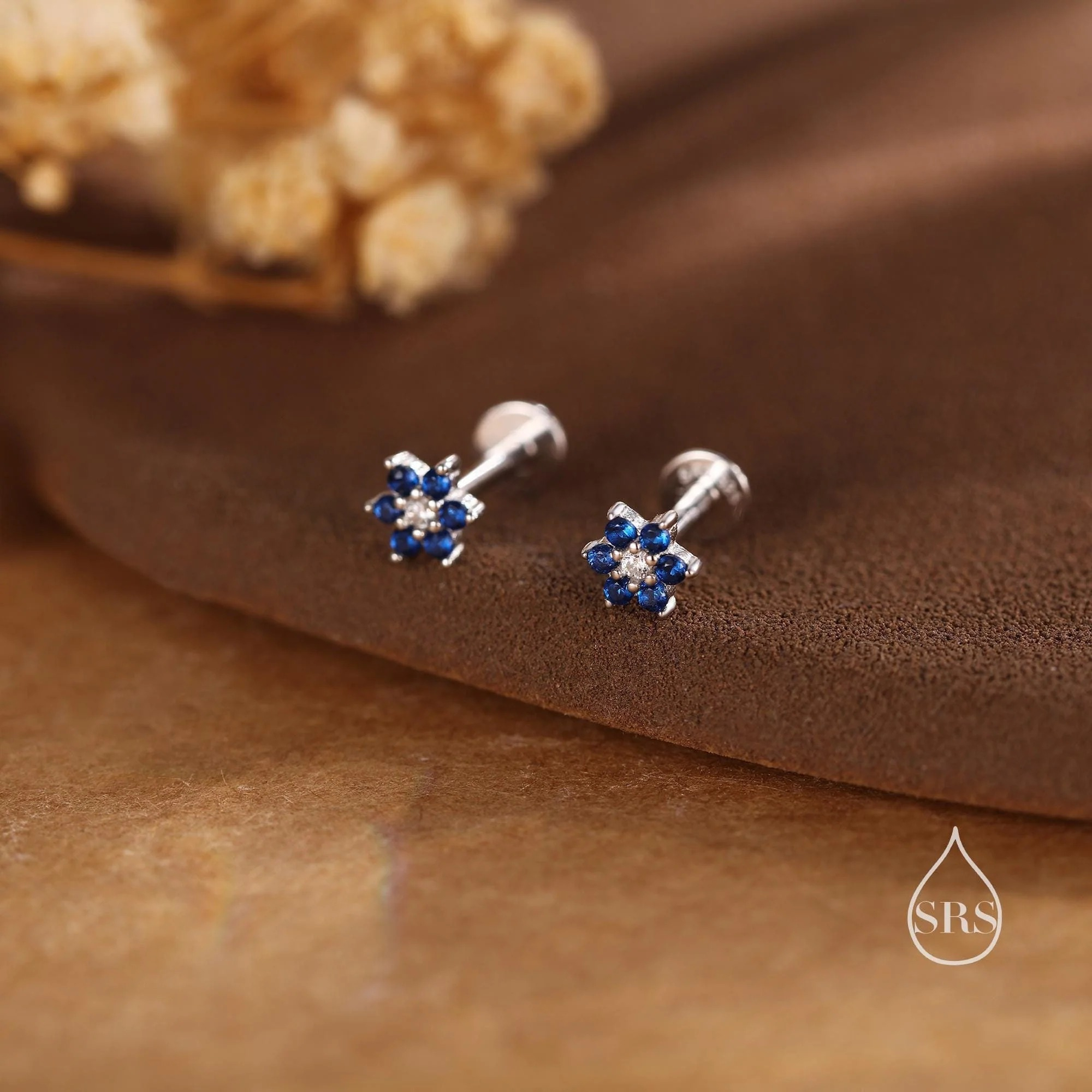 Sapphire Blue CZ Flower 16G Flat Back Stud Earrings - Image 2