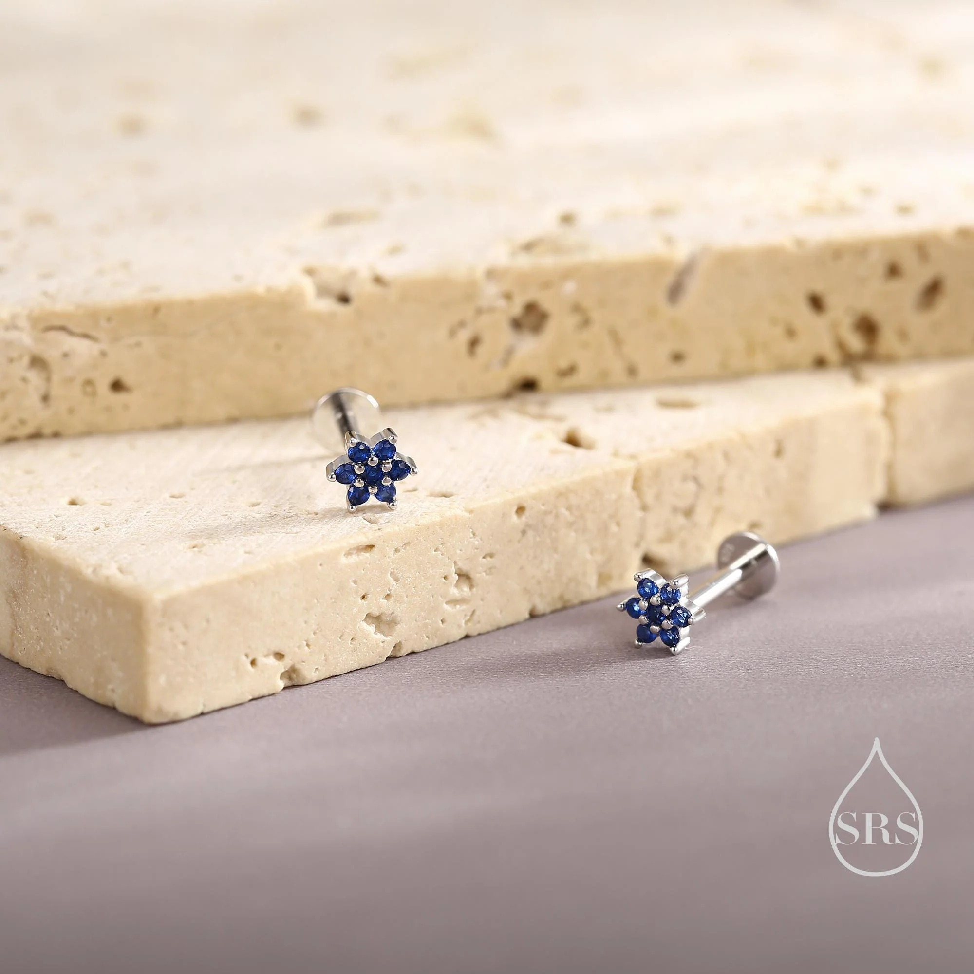 Sapphire Blue CZ Flower Flat Back Stud Earrings - Image 8