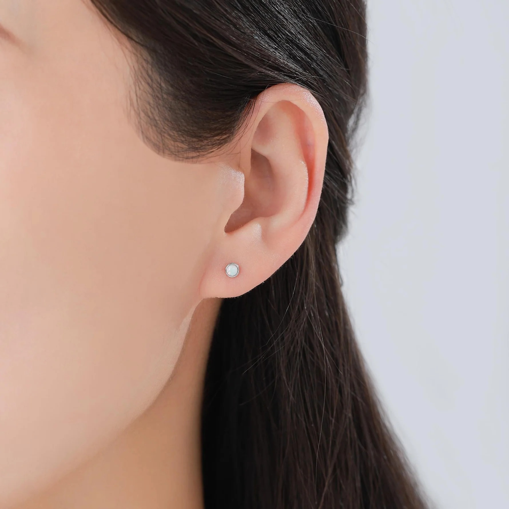 Tiny 3mm White Opal 16G Internally Threaded Flat Back Earrings in Sterling Silver
