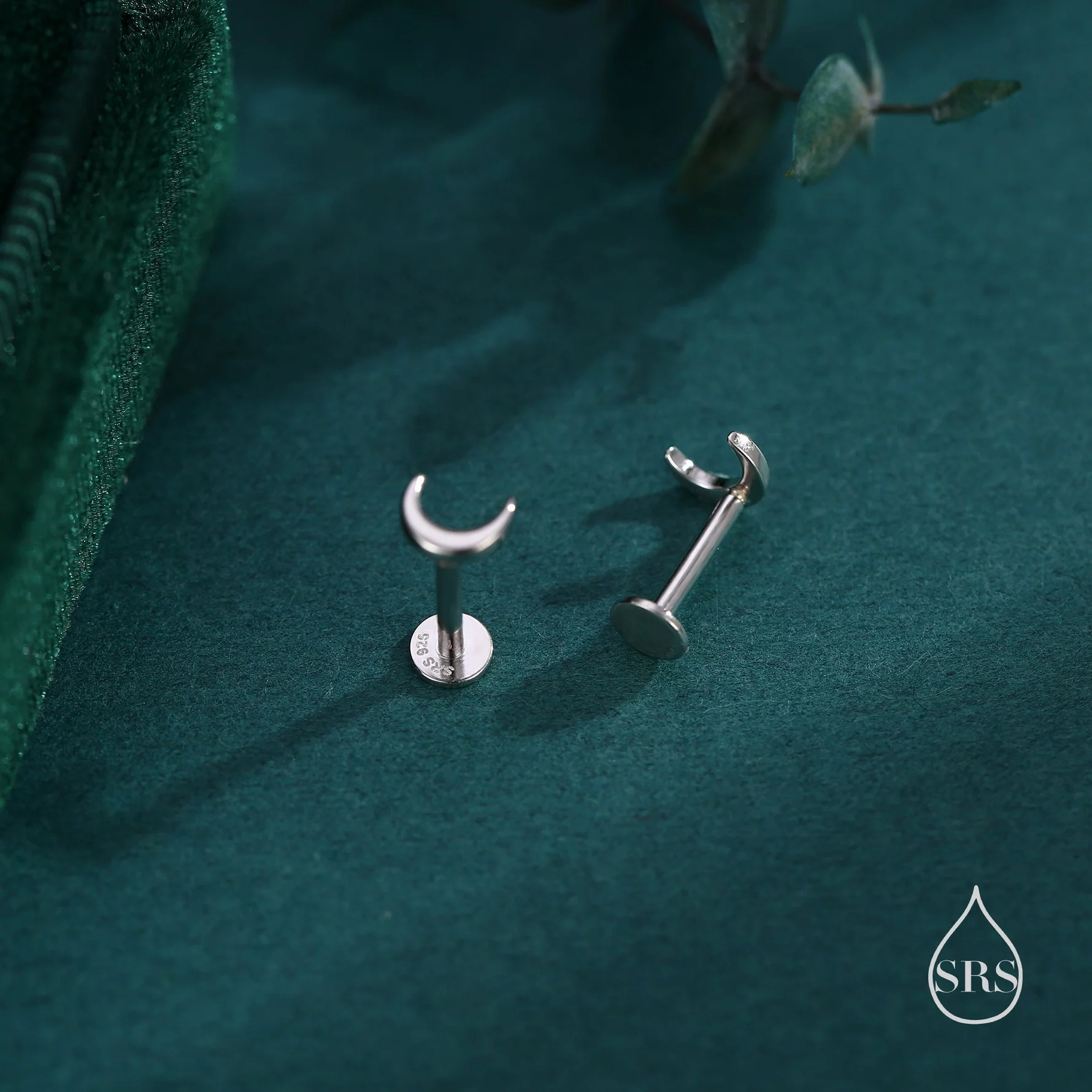 Tiny Moon 16G Internally Threaded Flat Back Earrings in Sterling Silver - Image 3