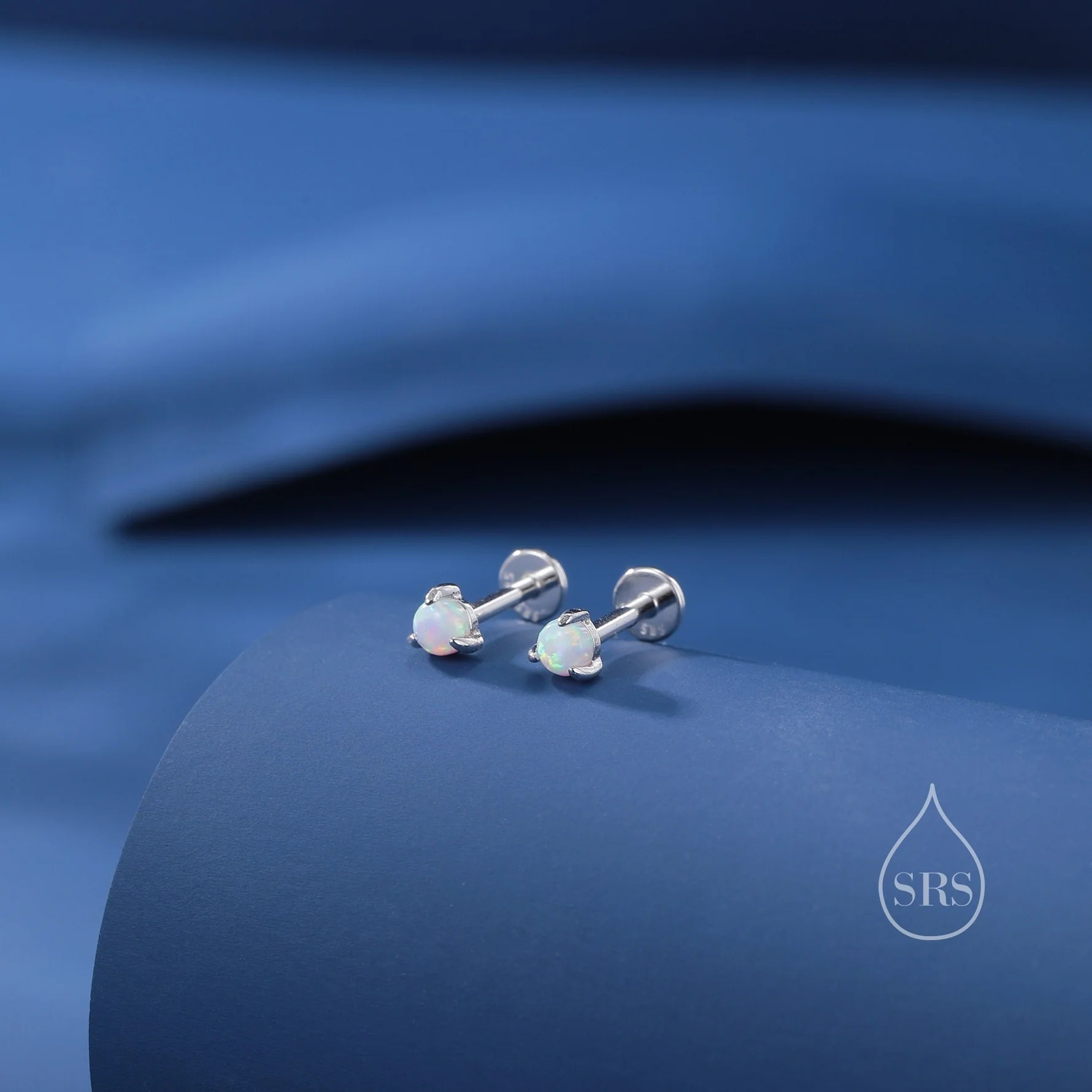 White Opal 16G Internally Threaded Flat Back Earrings in Sterling Silver - Image 4