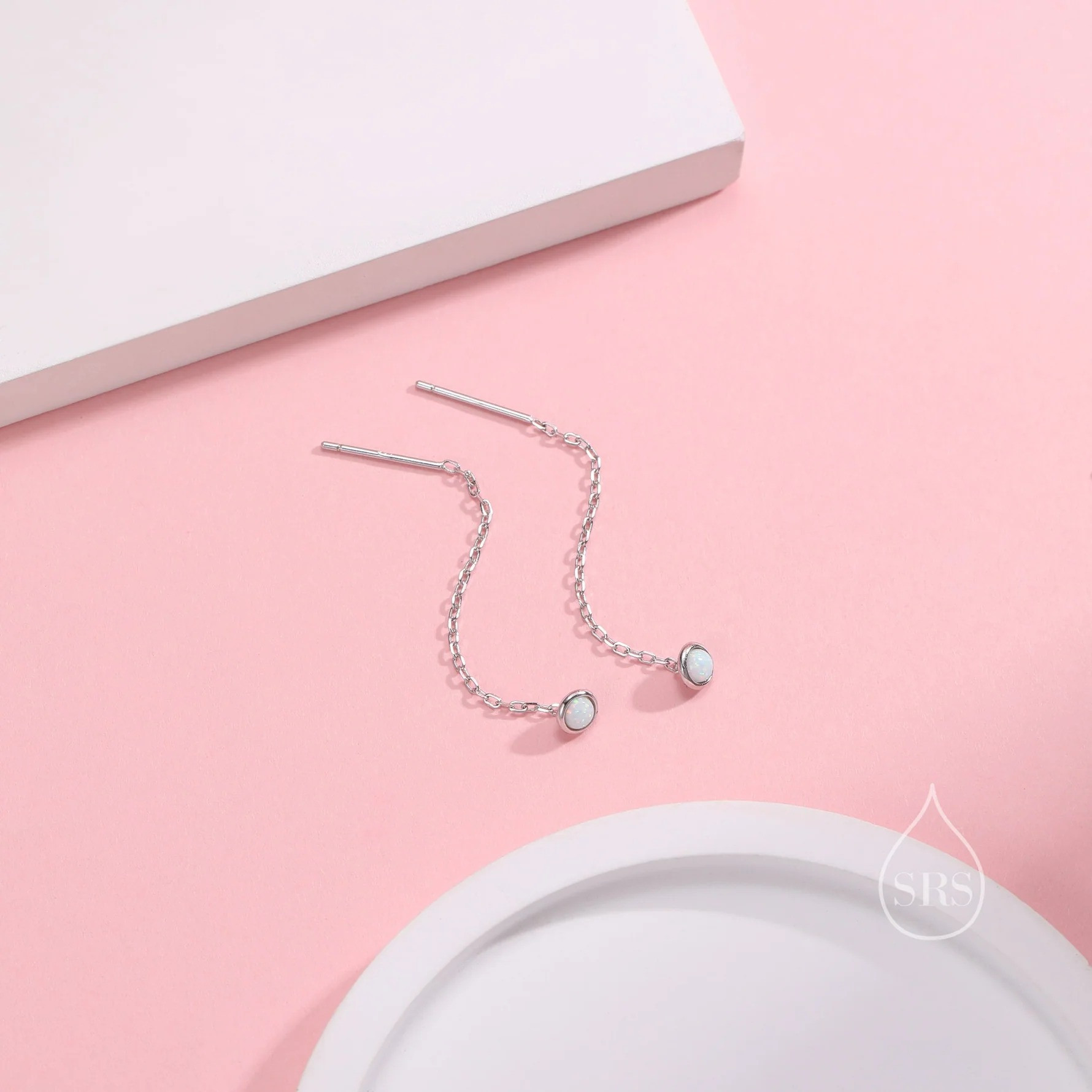 4mm White Opal Dot Threader Earrings - Image 4