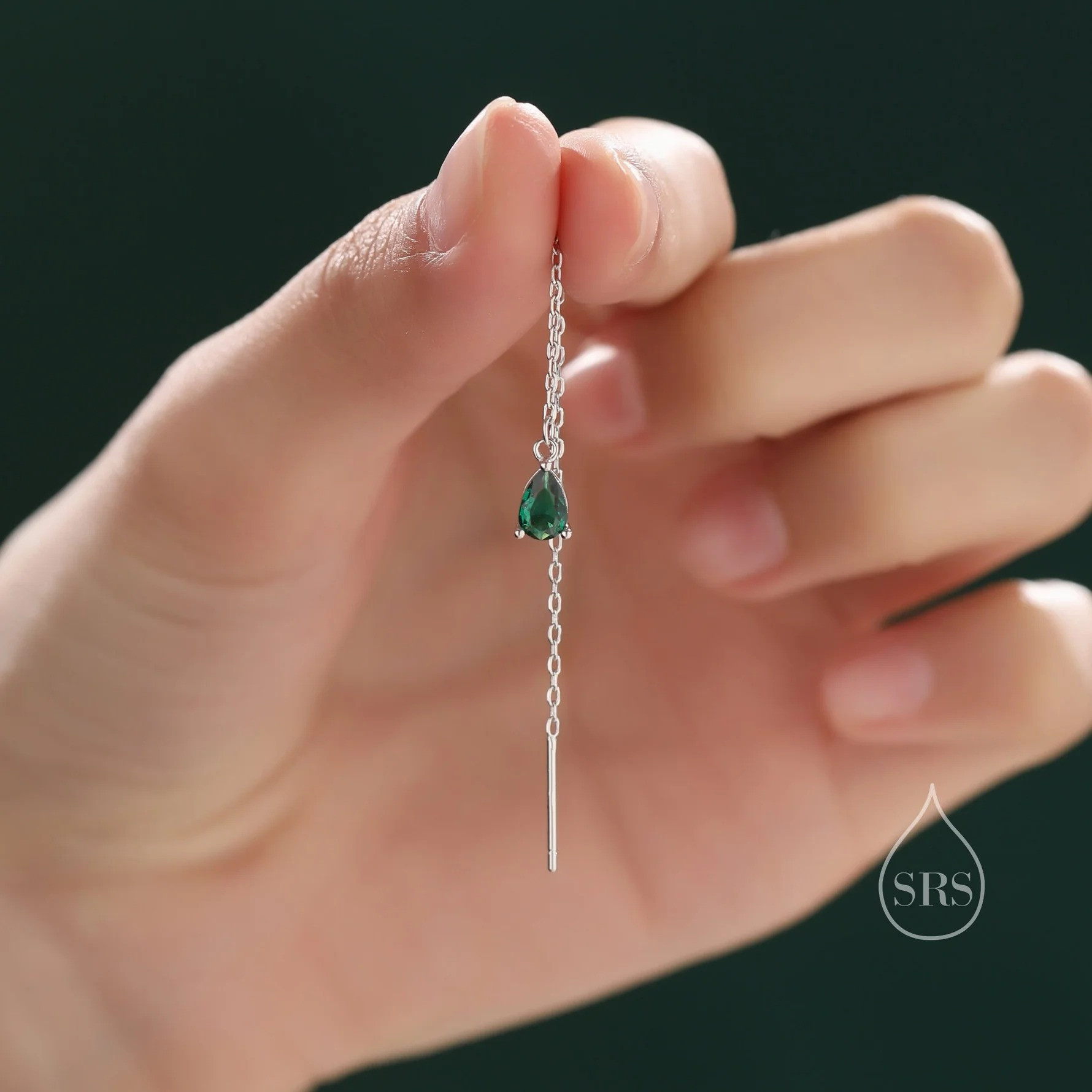 Emerald Green Droplet CZ Threader Earrings - Image 3
