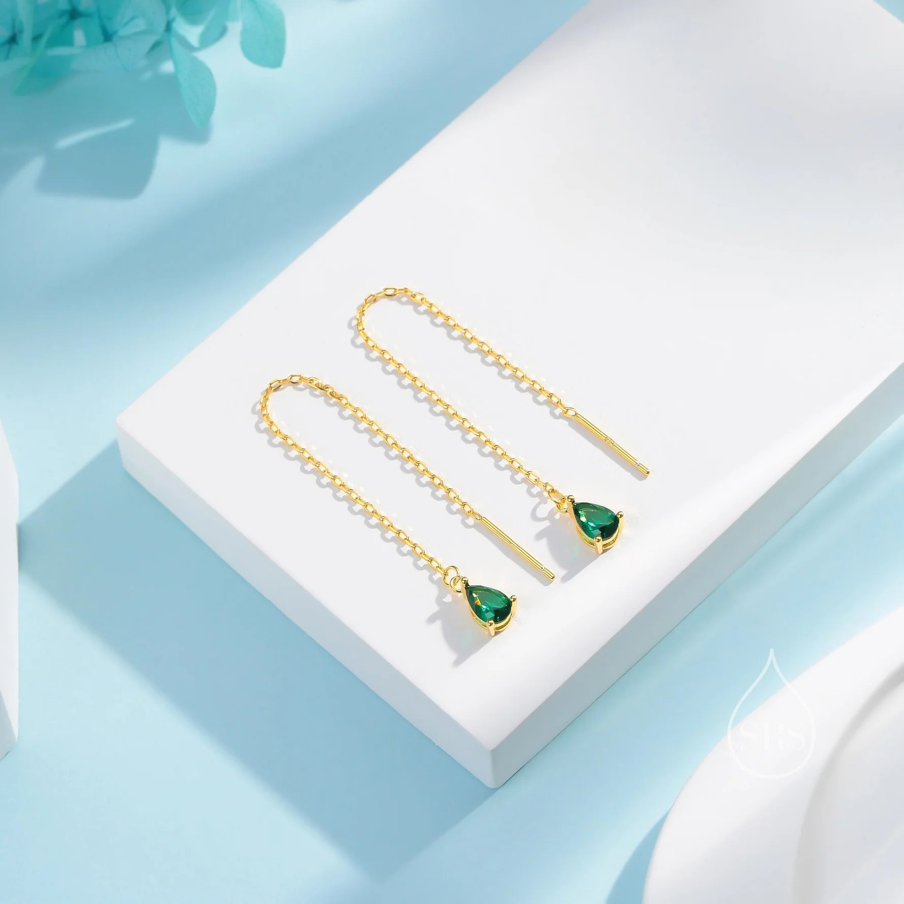Emerald Green Droplet CZ Threader Earrings - Image 4
