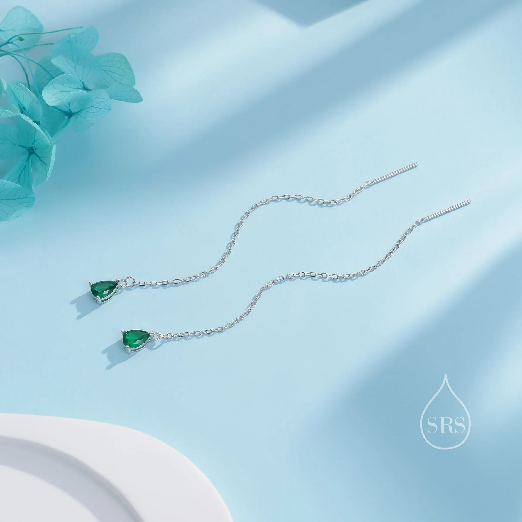 Emerald Green Droplet CZ Threader Earrings - Image 5