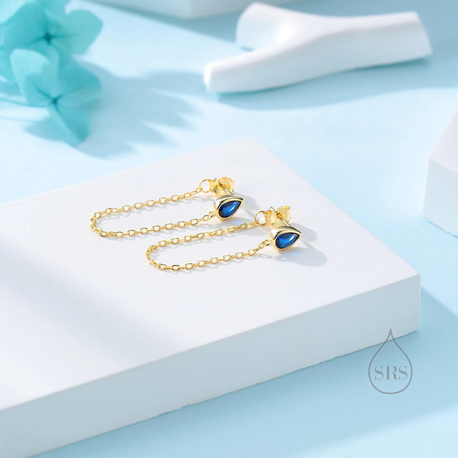 Tiny Sapphire Blue Droplet CZ Dangle Chain Earrings - Image 4
