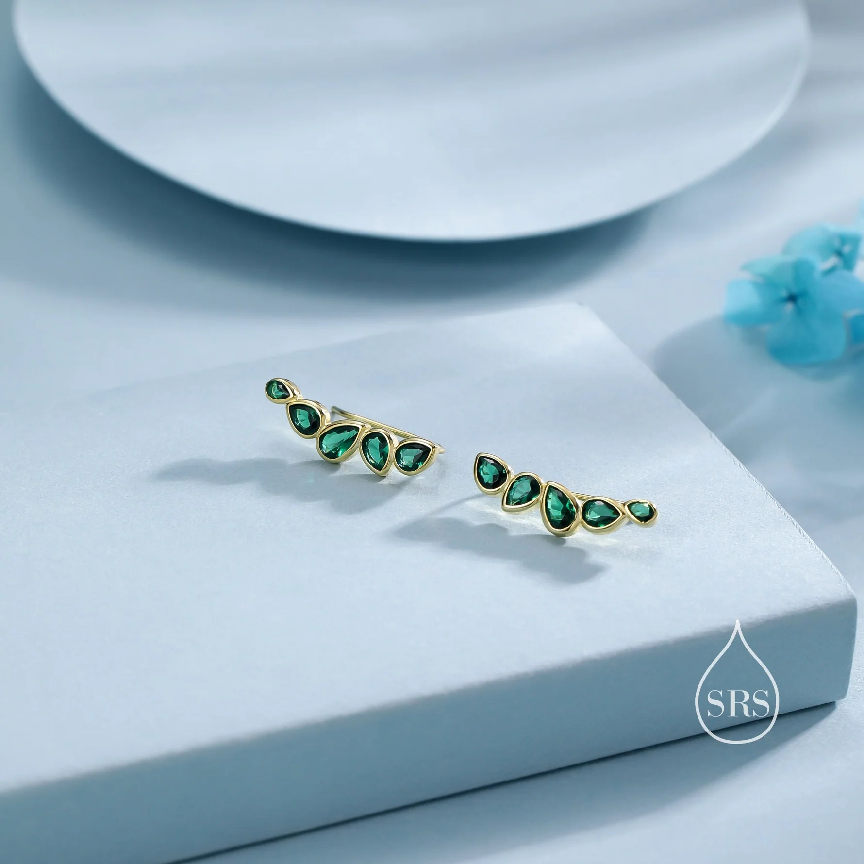 Emerald Green Droplet CZ Cluster Crawler Earrings - Image 4