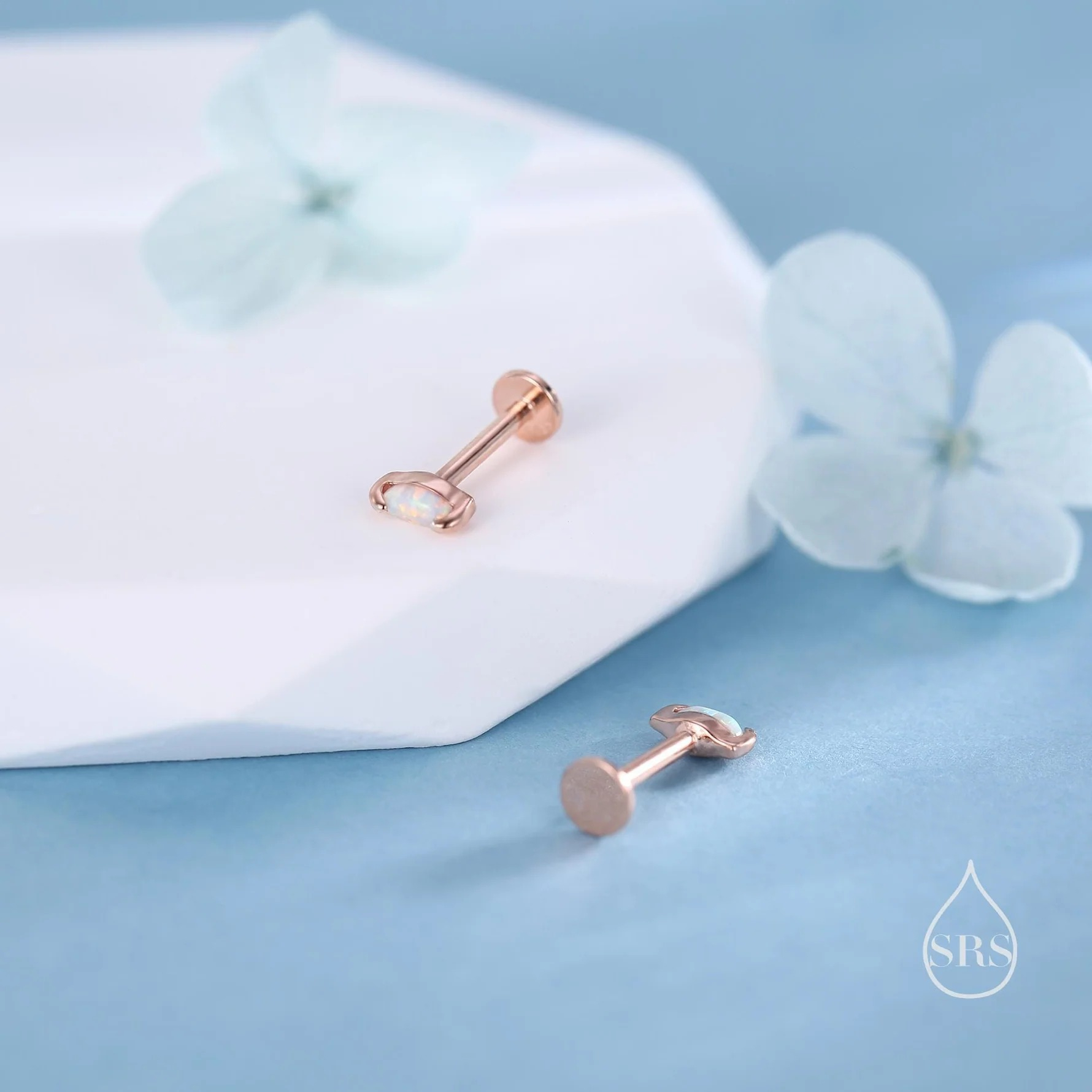 Sterling Silver White Opal Marquise 16G Internally Threaded Flat Back Earrings - Image 5