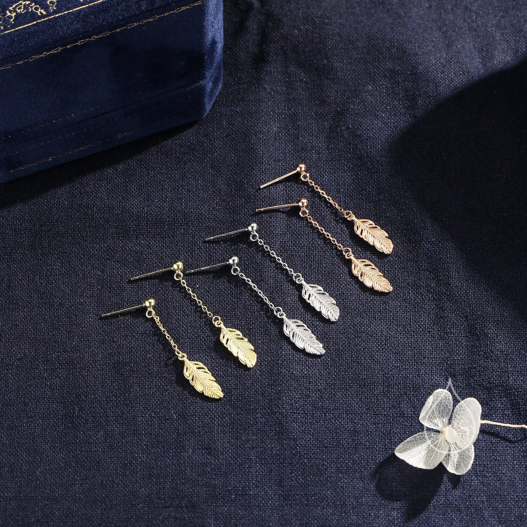 Delicate Feather Drop Earrings - Image 6