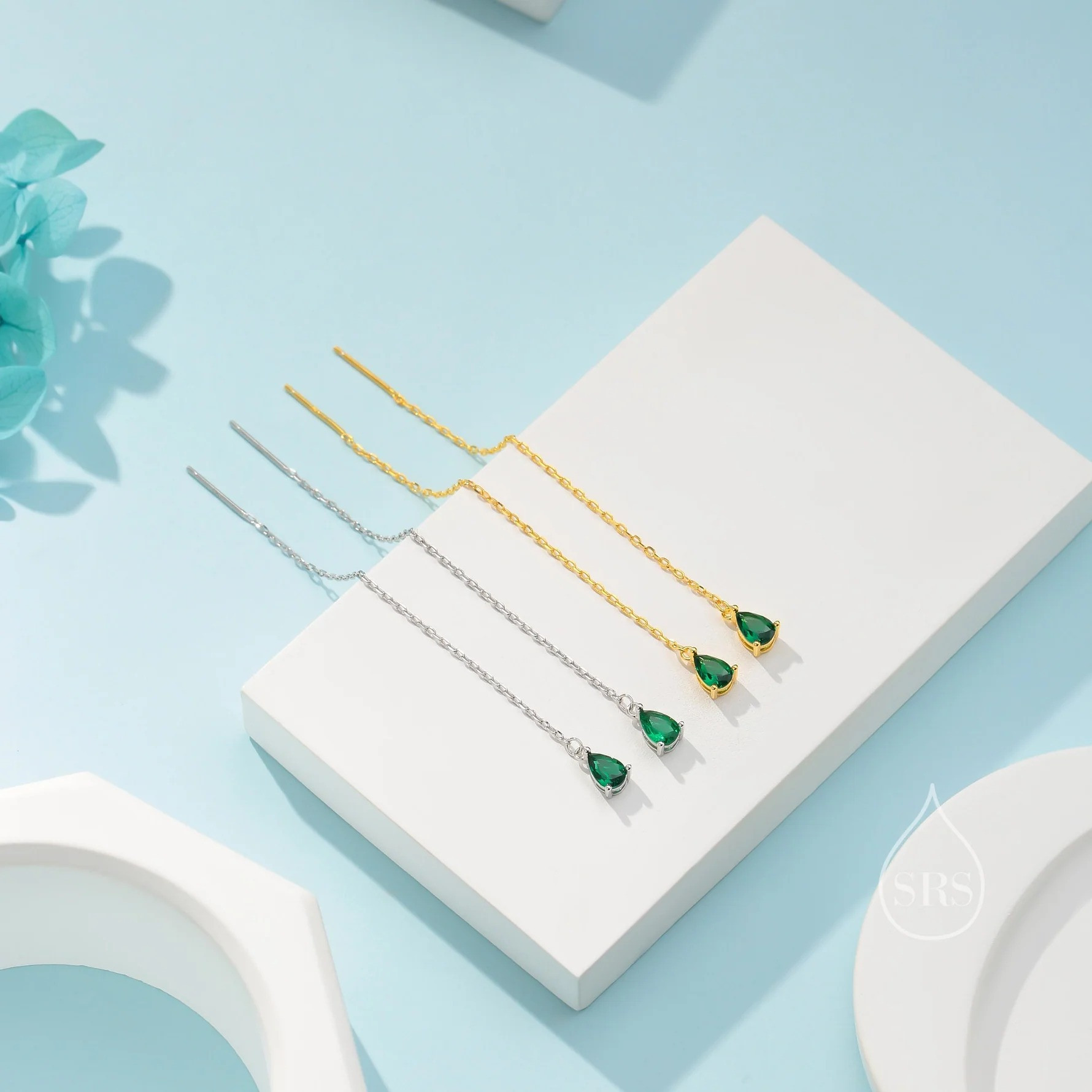 Emerald Green Droplet CZ Threader Earrings - Image 6