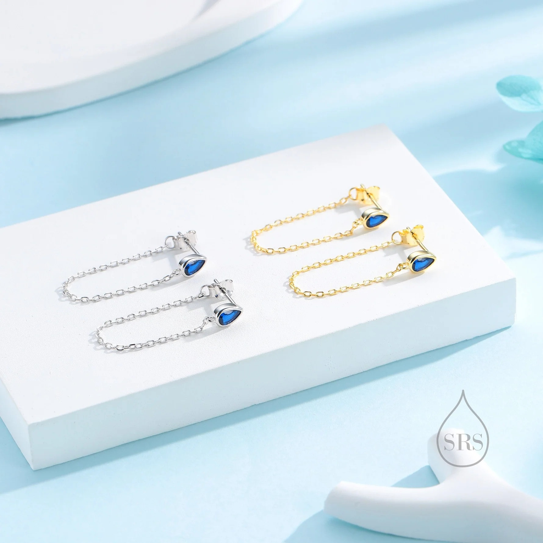 Tiny Sapphire Blue Droplet CZ Dangle Chain Earrings - Image 5